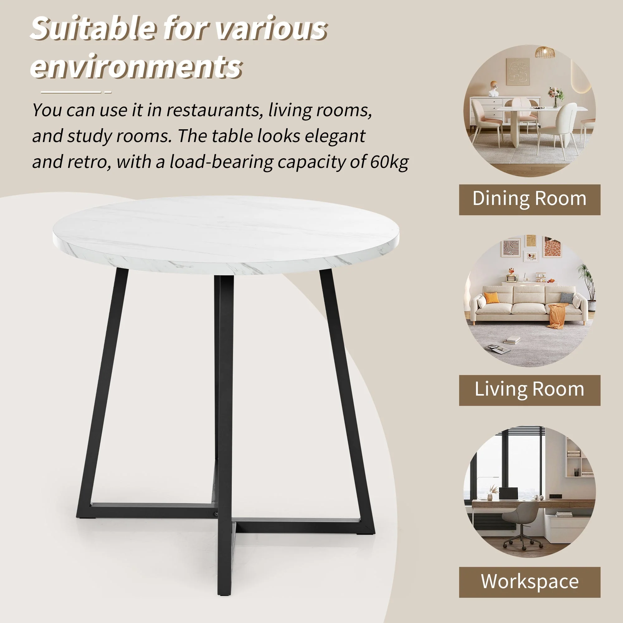 Round Dining Table, Modern Marble Pattern, Unique Metal Frame, White/Black - Image 7