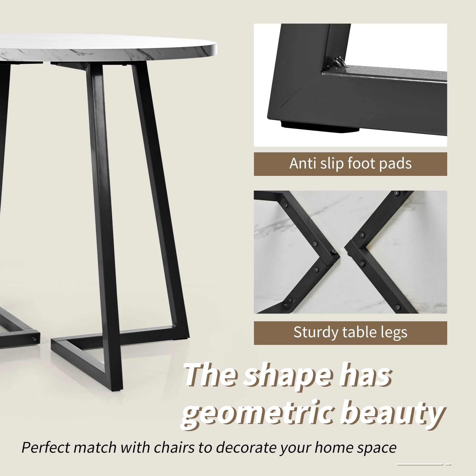 Round Dining Table, Modern Marble Pattern, Unique Metal Frame, White/Black - Image 8