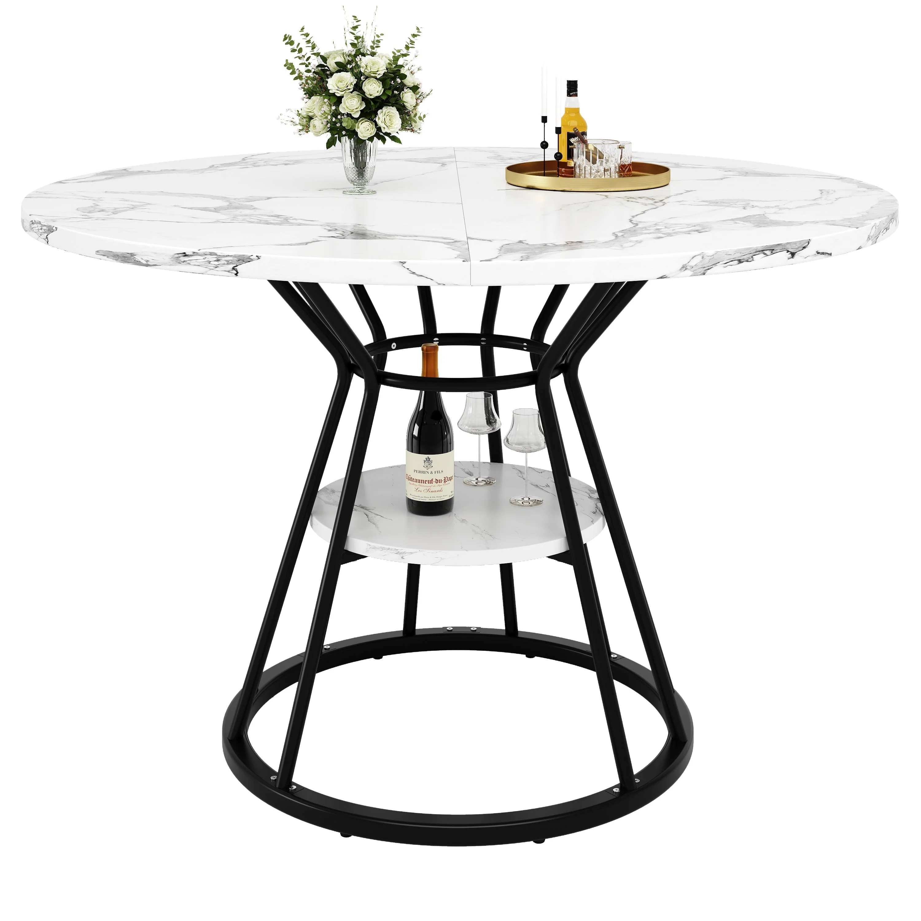 Round Dining Table with Metal Legs and Storage Shelf, Marble Pattern Gold and Black - Image 10