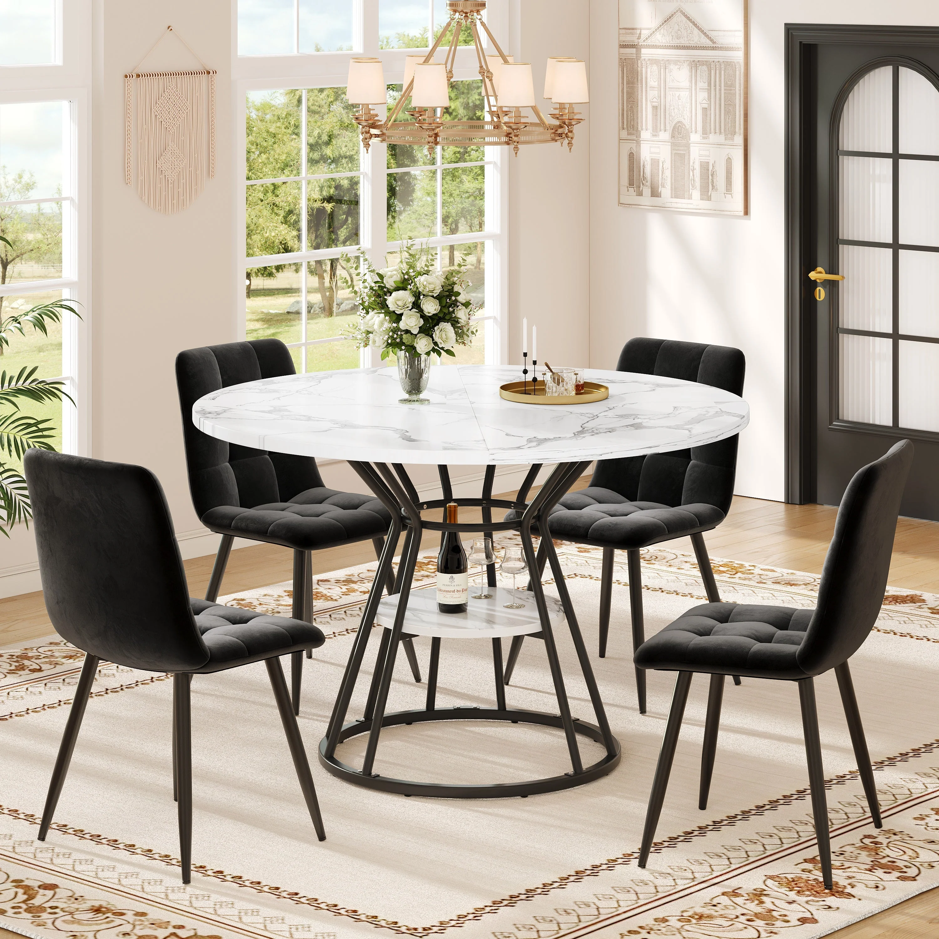 Round Dining Table with Metal Legs and Storage Shelf, Marble Pattern Gold and Black - Image 5