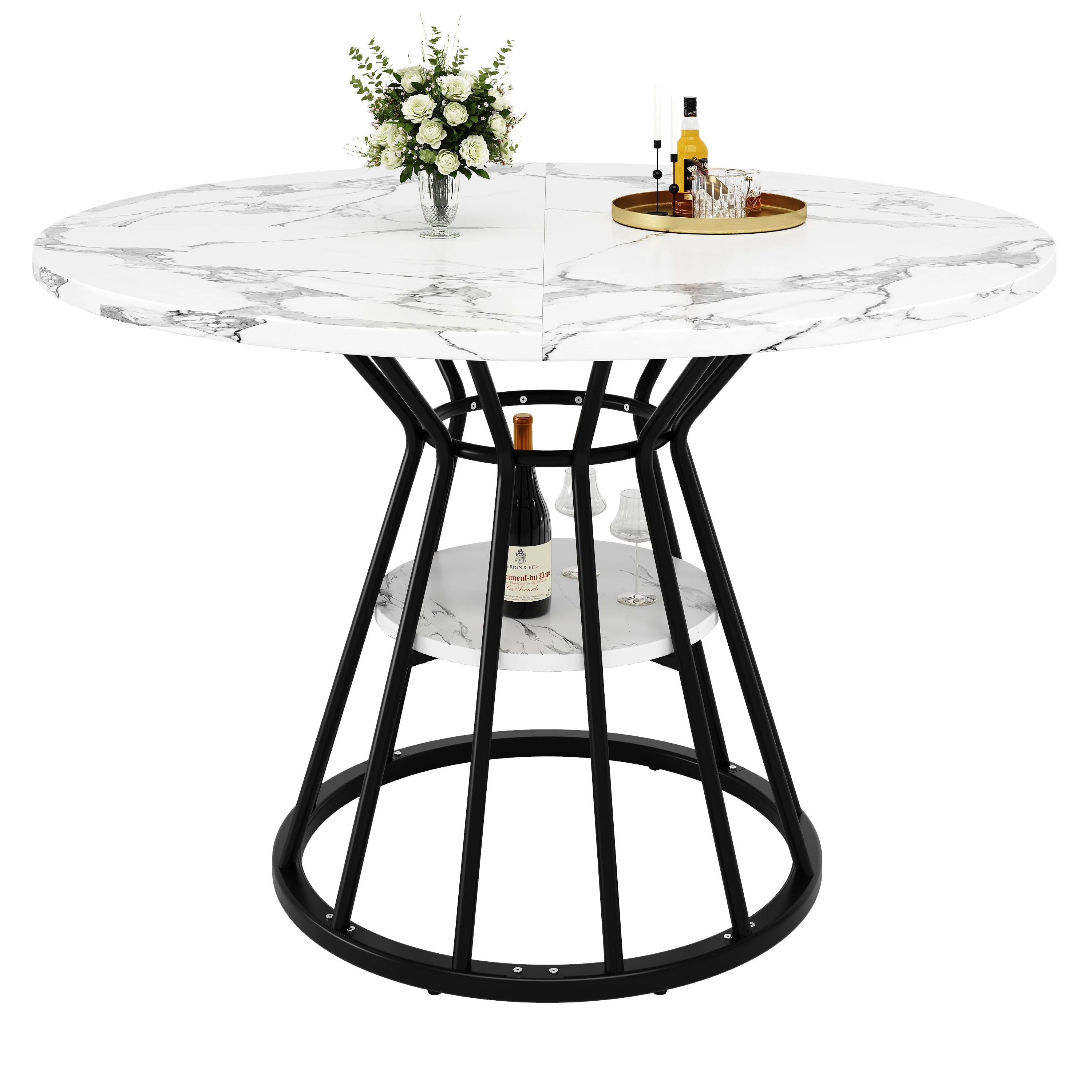 Round Dining Table with Metal Legs and Storage Shelf, Marble Pattern Gold and Black - Image 7
