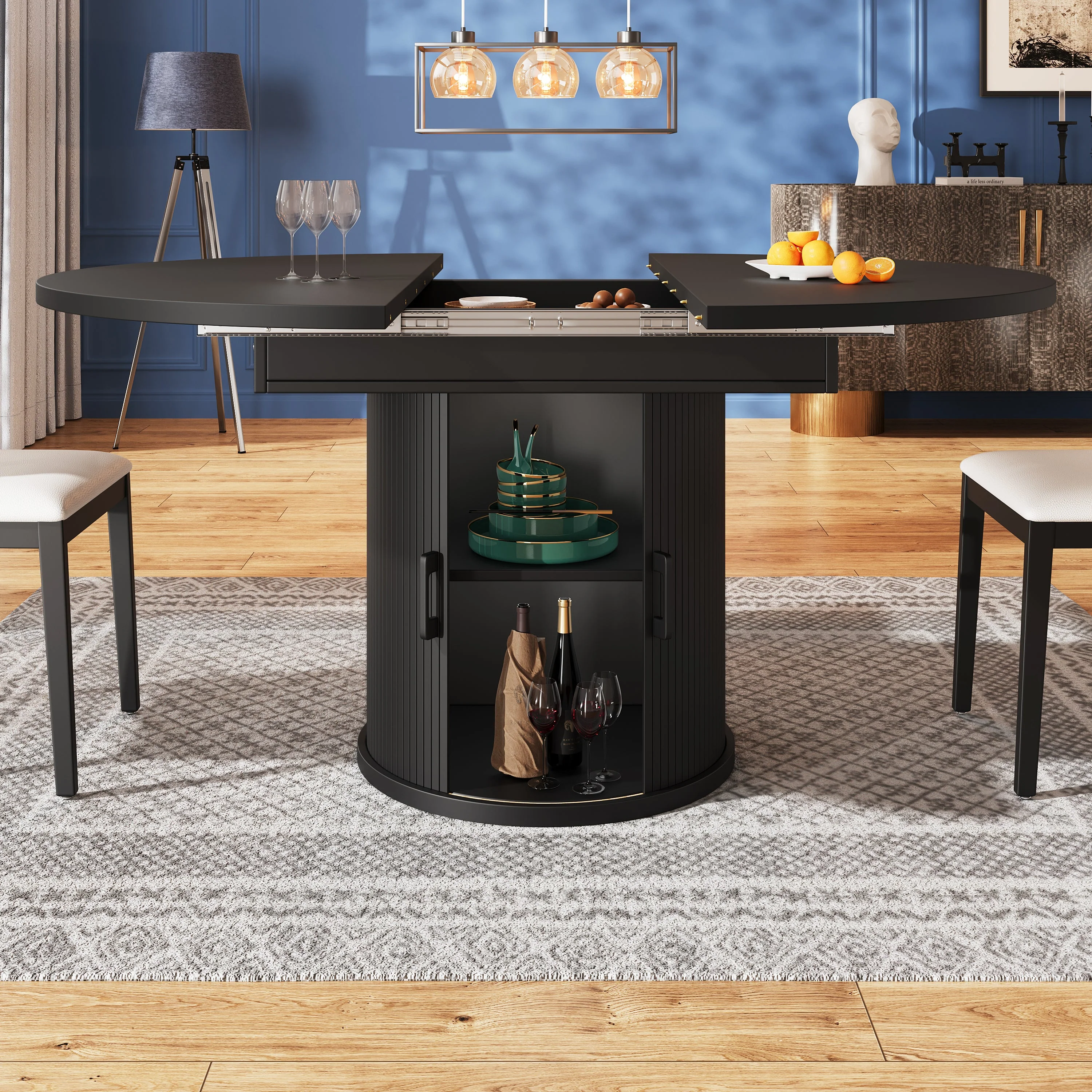 Round Extendable Dining Table, 118-158 cm Oval Tabletop for 6 People, Walnut and Black - Image 3