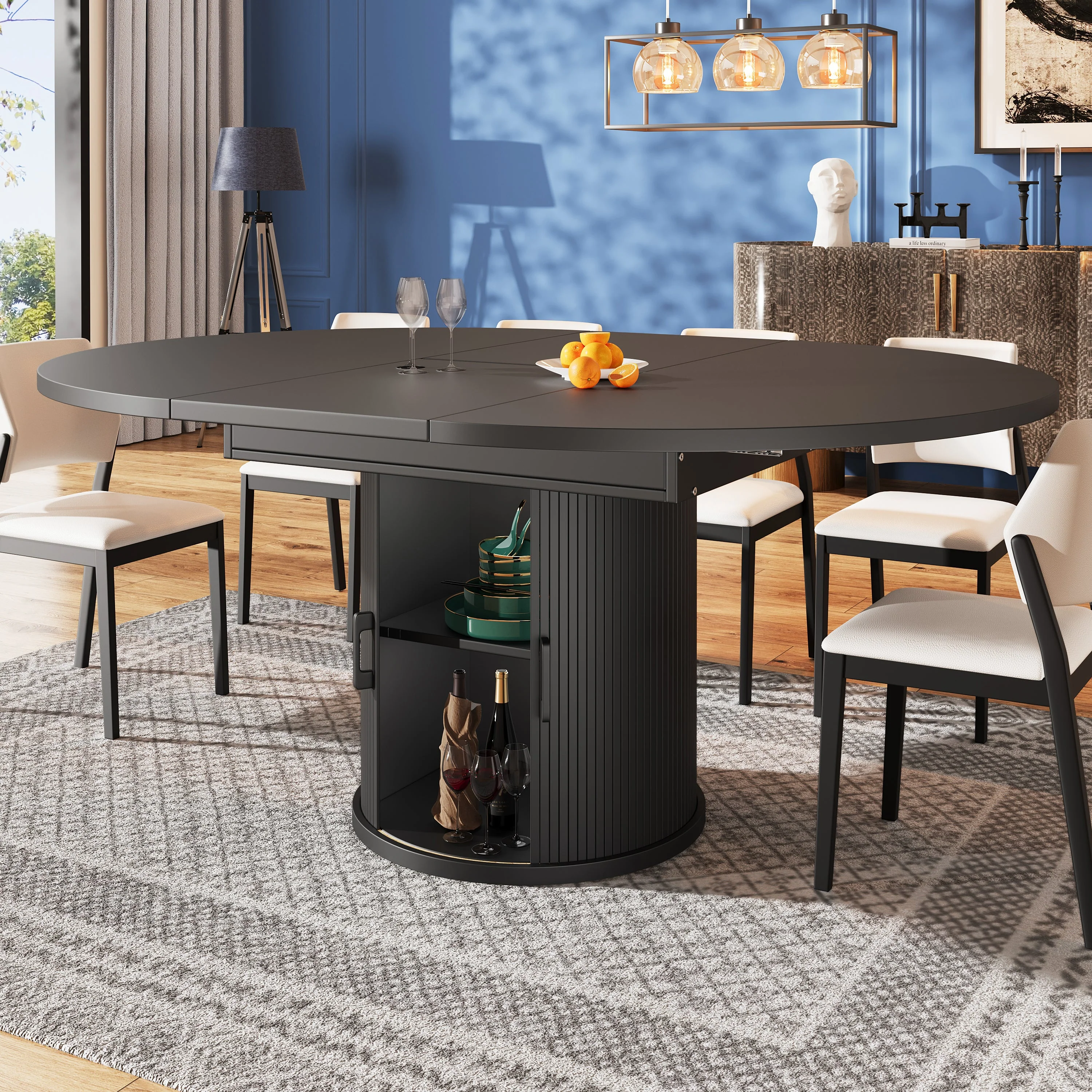 Round Extendable Dining Table, 118-158 cm Oval Tabletop for 6 People, Walnut and Black - Image 4