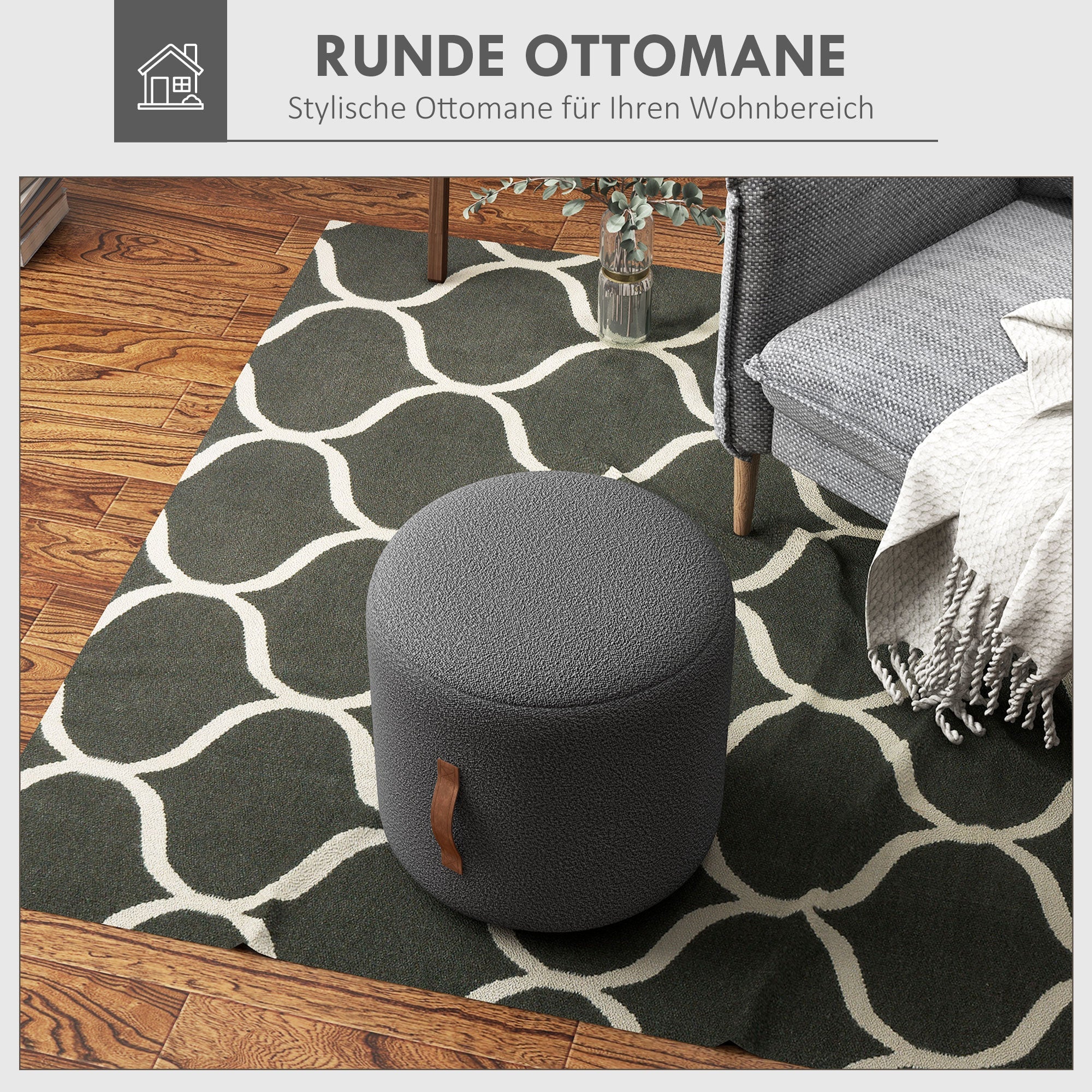 Round Ottoman/Stool Upholstered Footrest Handle Ø48x45cm, Dark Grey - Image 4