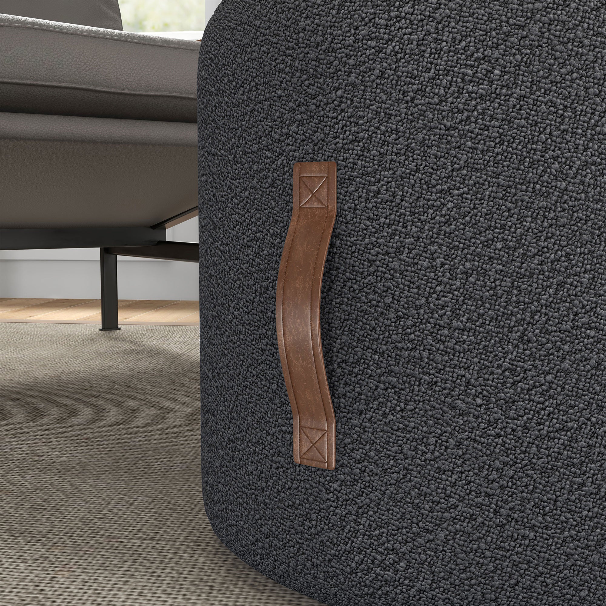 Round Ottoman/Stool Upholstered Footrest Handle Ø48x45cm, Dark Grey - Image 7