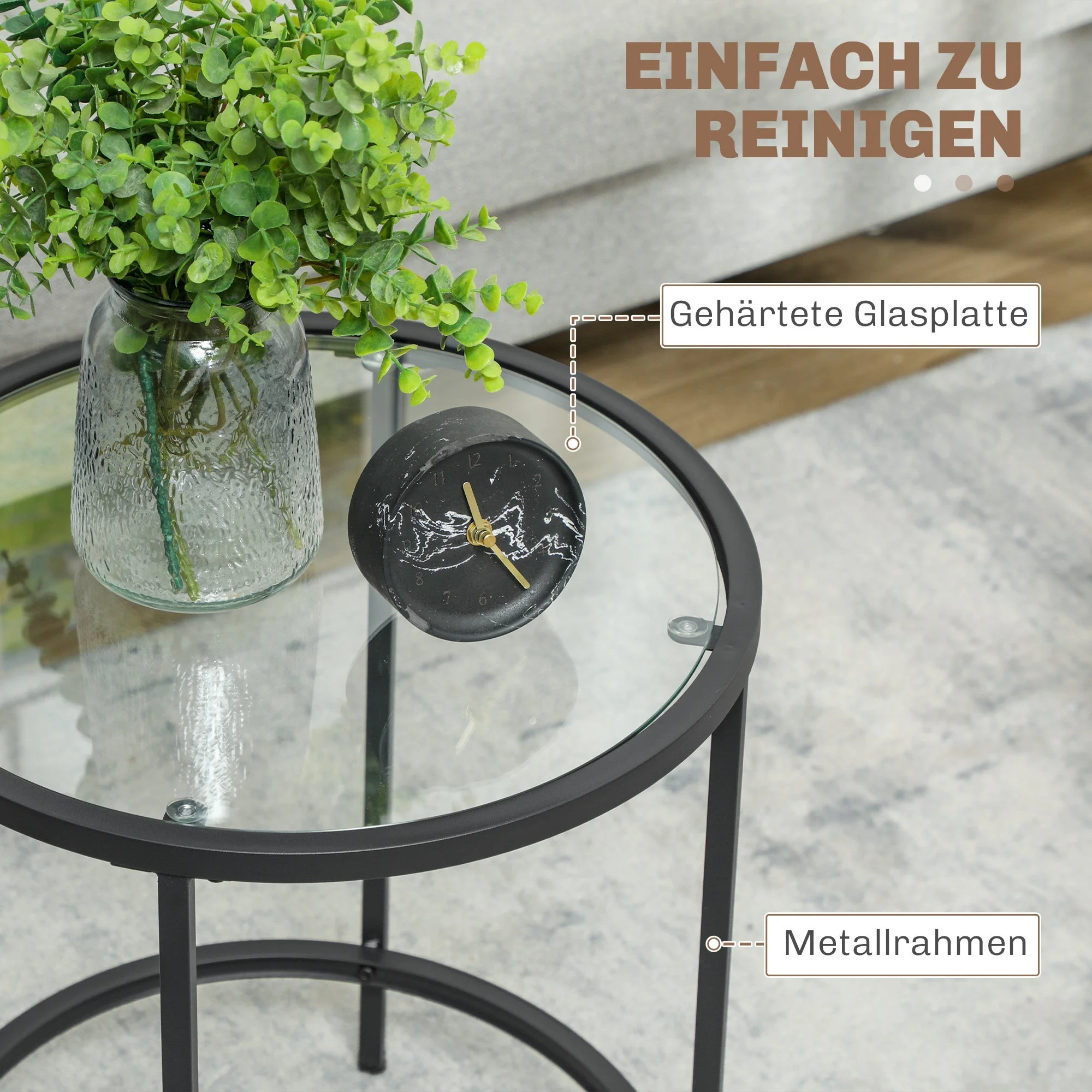 Round Side Coffee Table, Glass Top Nightstand Metal Frame, Black - Image 5
