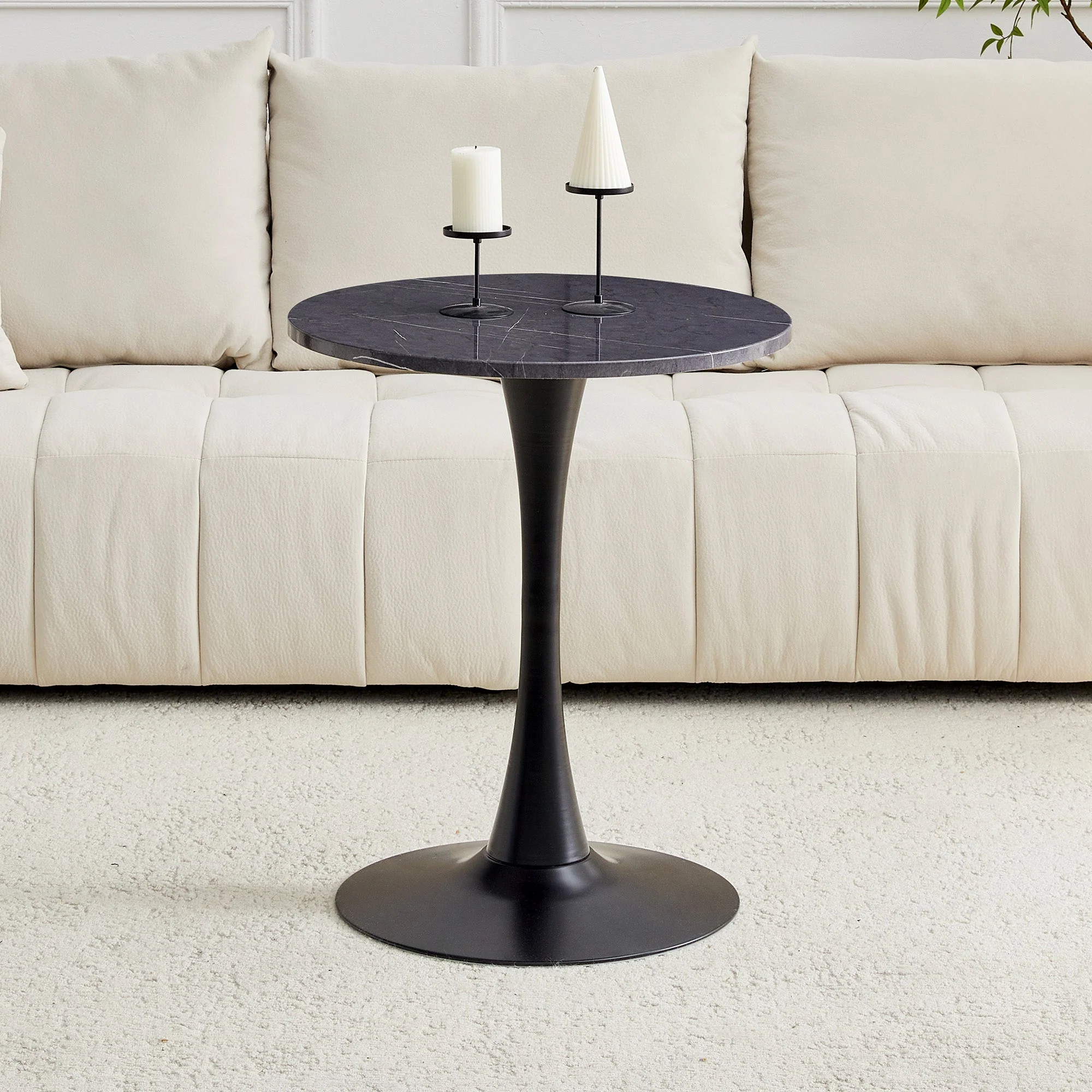 Round Side/Dining Table 60cm Marble Look - Black MDF