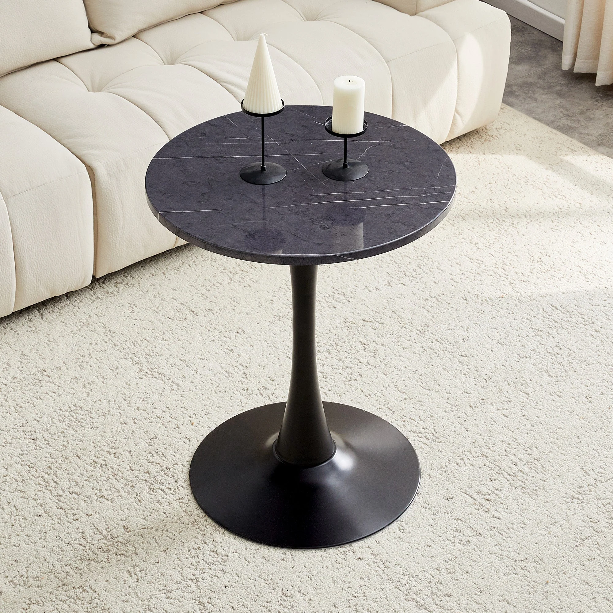 Round Side/Dining Table 60cm Marble Look - Black MDF - Image 2