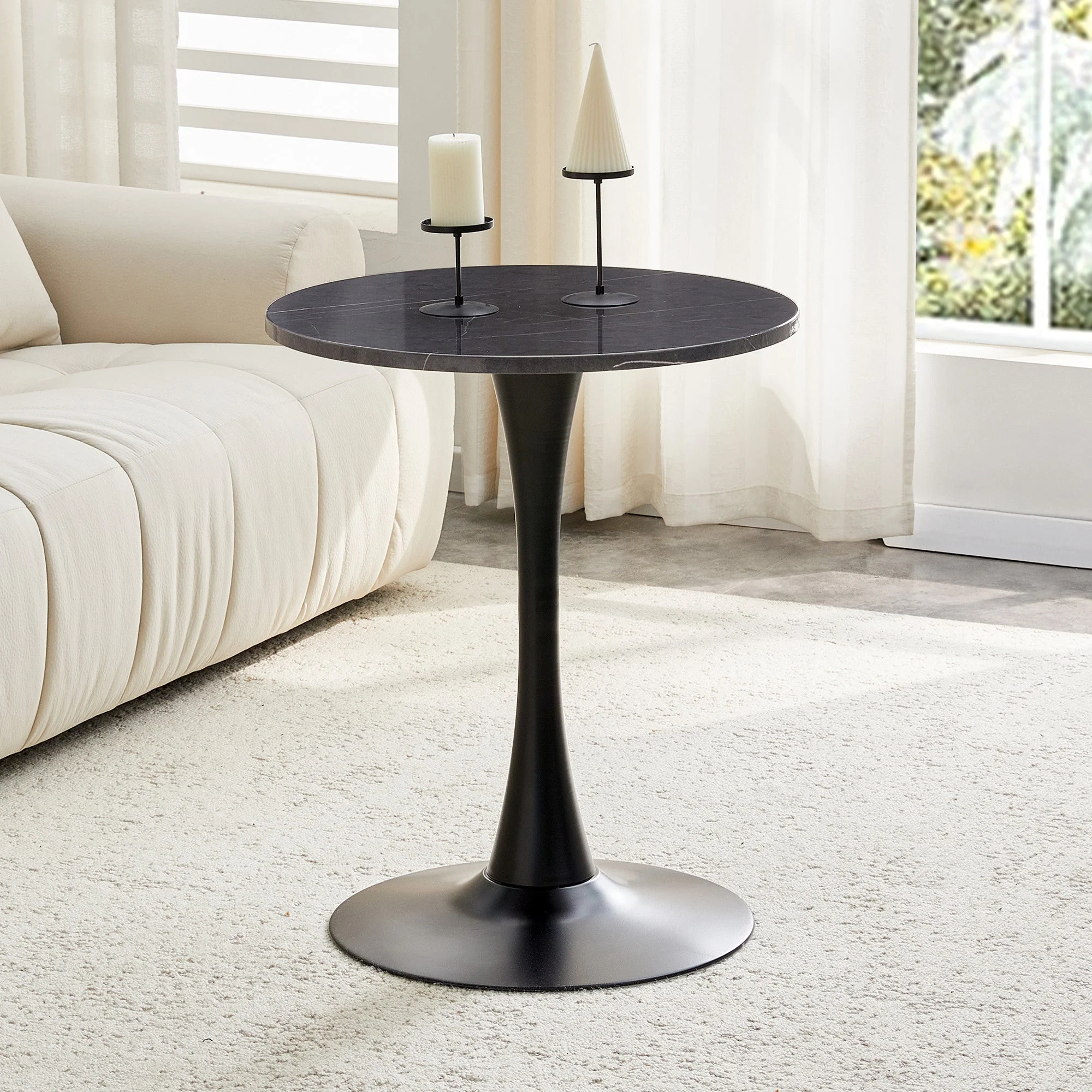 Round Side/Dining Table 60cm Marble Look - Black MDF - Image 3
