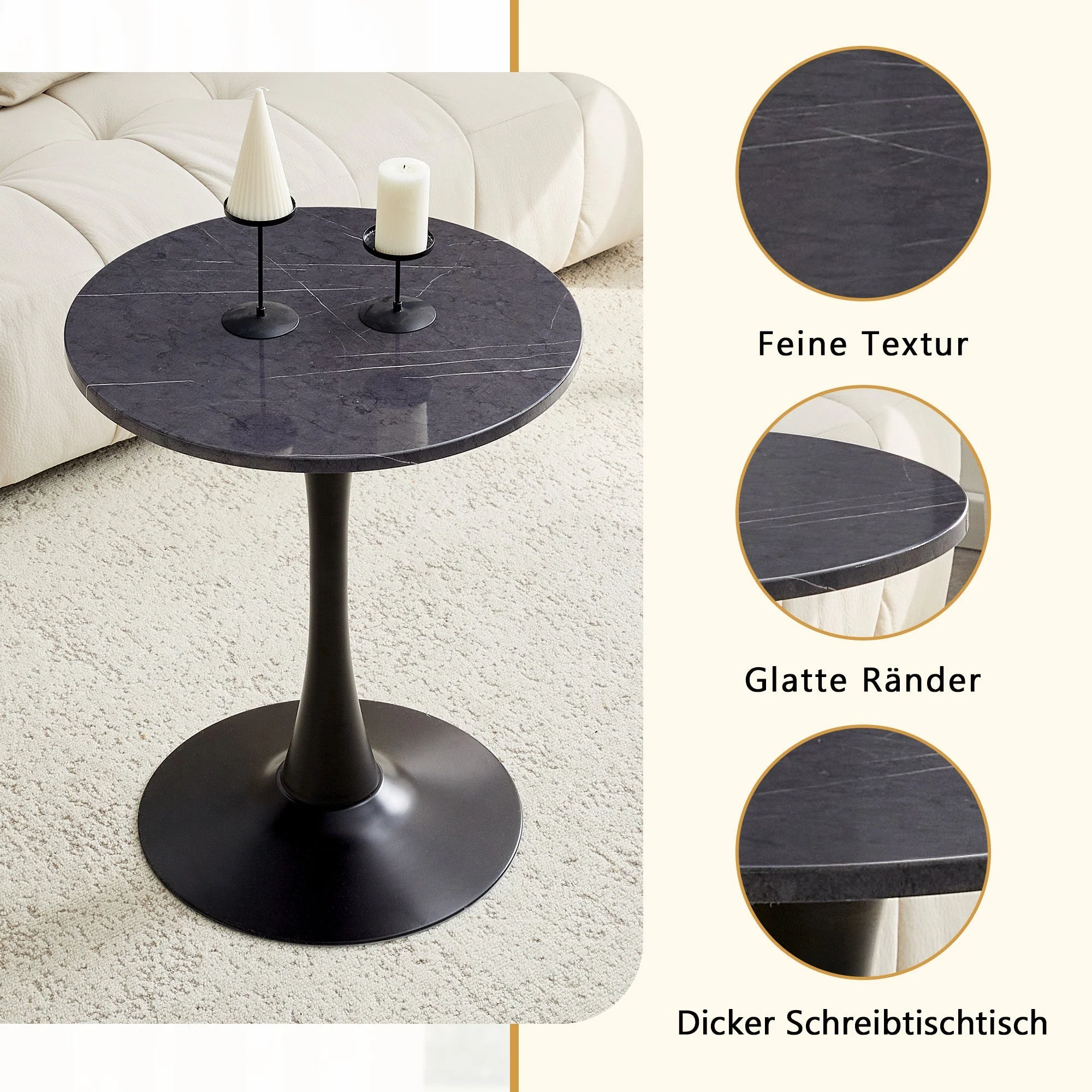 Round Side/Dining Table 60cm Marble Look - Black MDF - Image 6