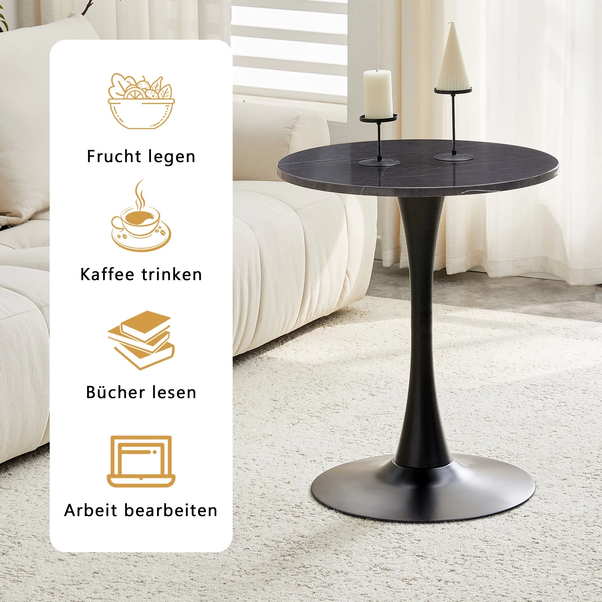 Round Side/Dining Table 60cm Marble Look - Black MDF - Image 7