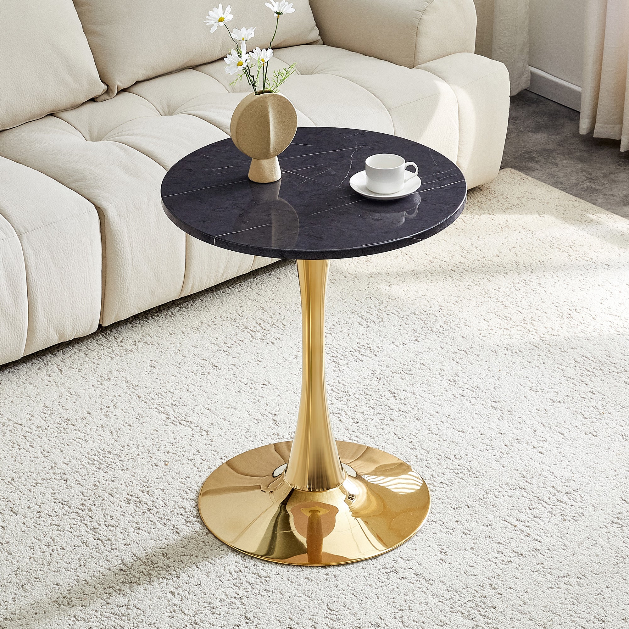 Round Side Table 60cm Black Marble Look - Golden Base MDF - Image 2