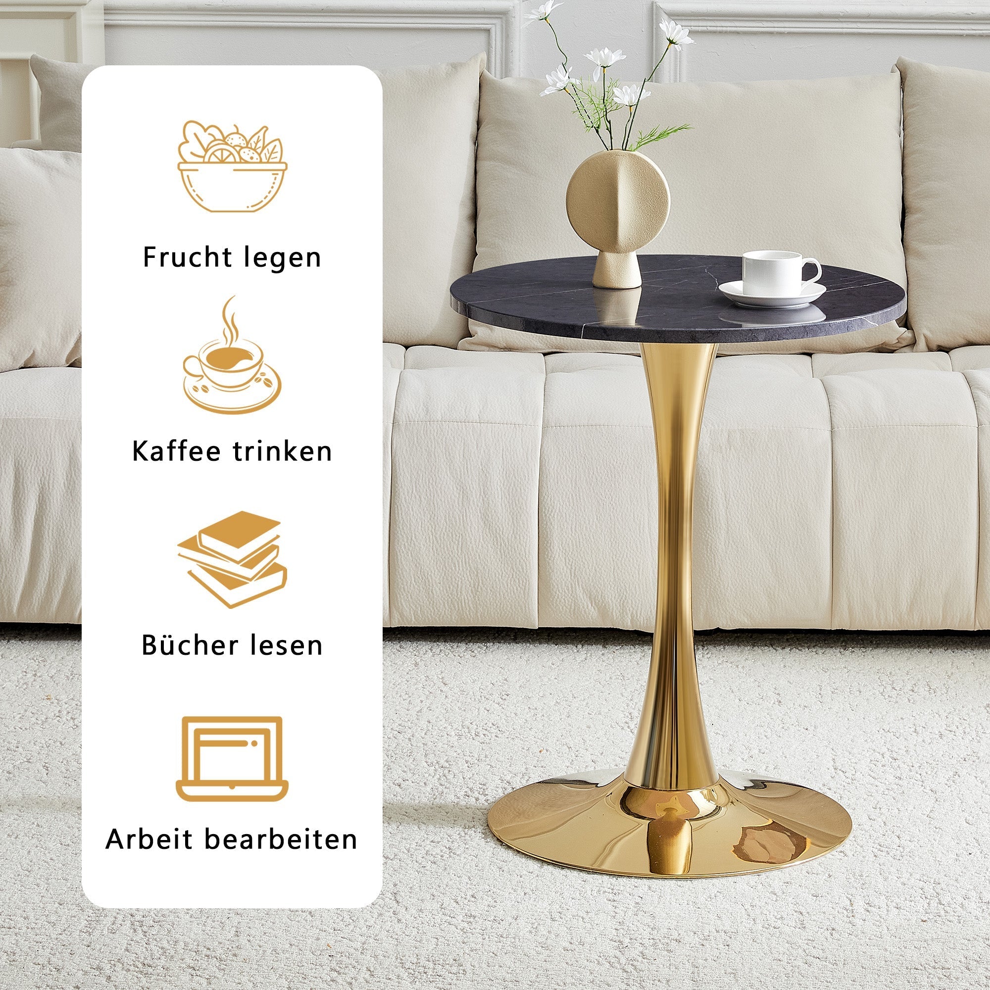 Round Side Table 60cm Black Marble Look - Golden Base MDF - Image 6
