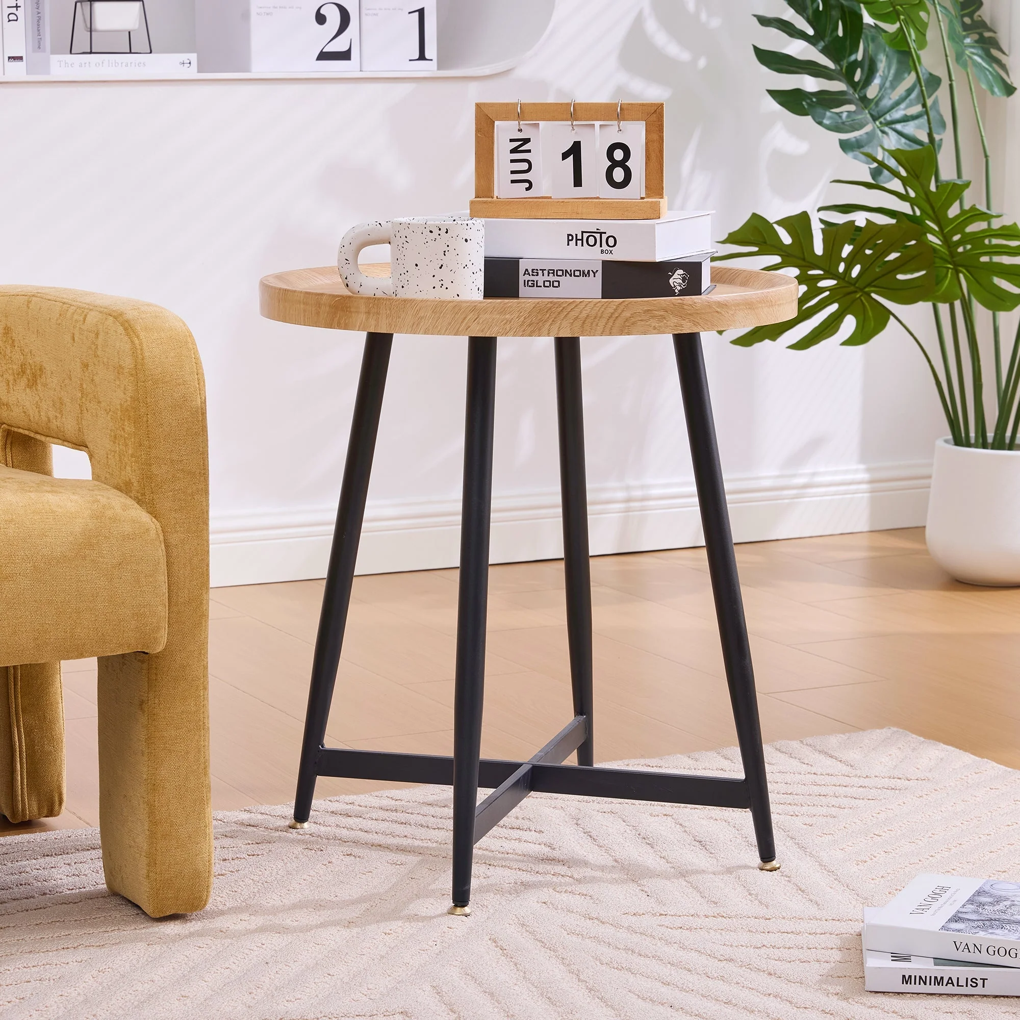Round Side Table Modern Minimalist Compact - Wood/Metal Frame - Image 8