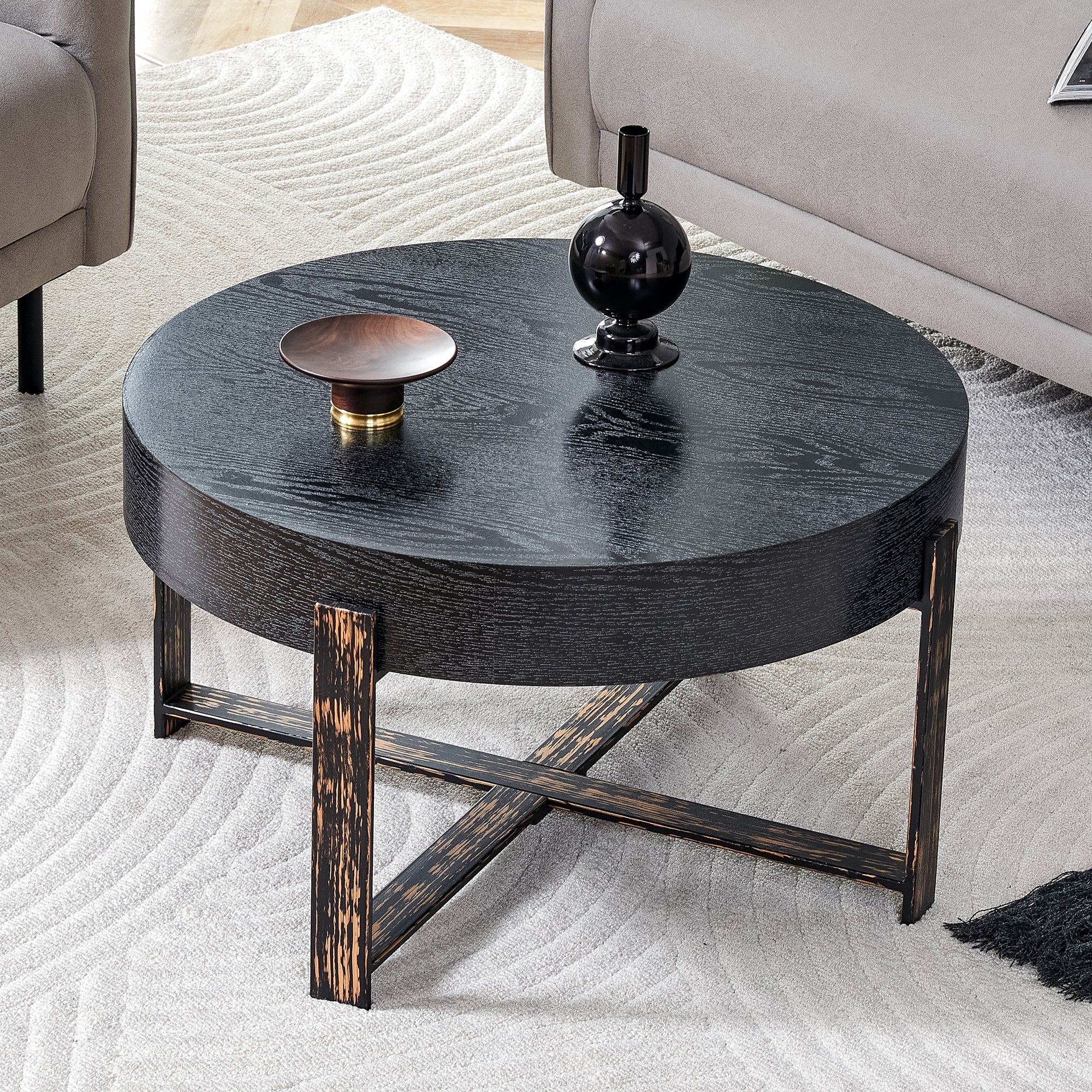 Round Side Table Modern Minimalist Ø 68 cm Metal Cross-Legged - Black - Image 2
