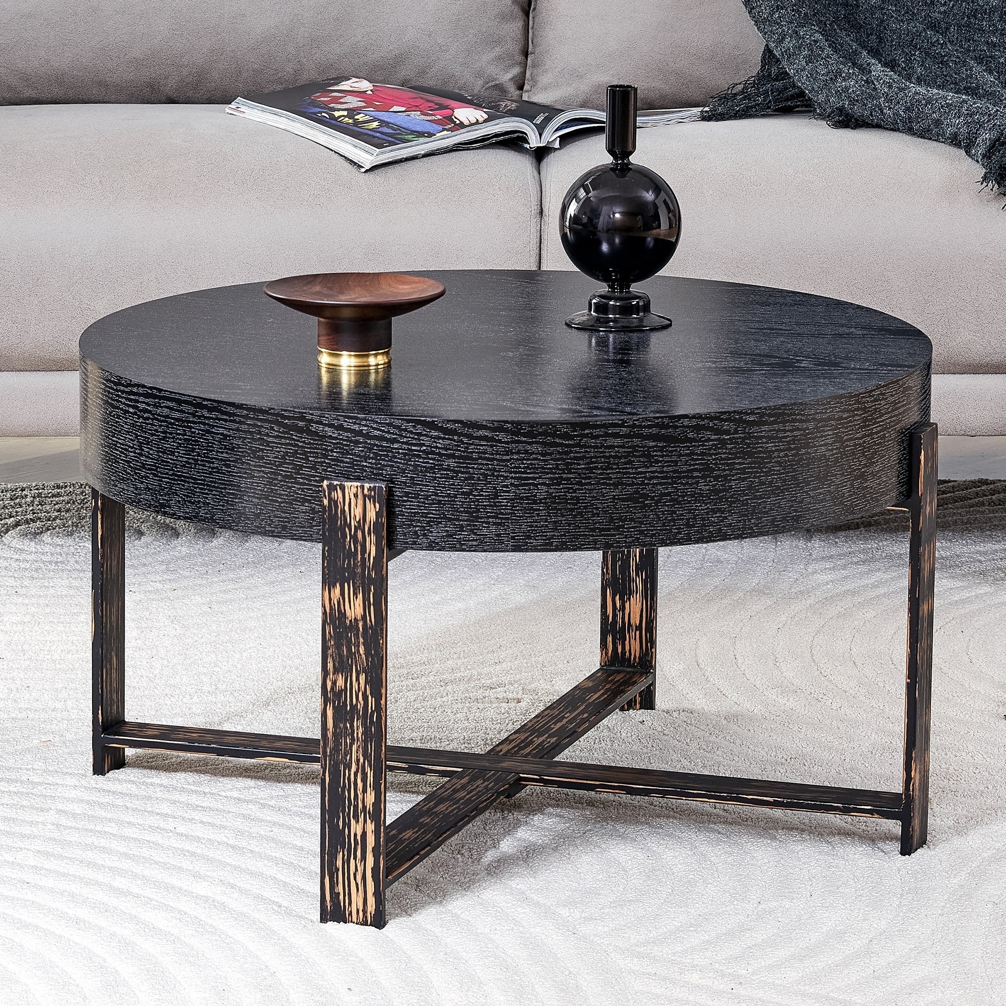 Round Side Table Modern Minimalist Ø 68 cm Metal Cross-Legged - Black - Image 3
