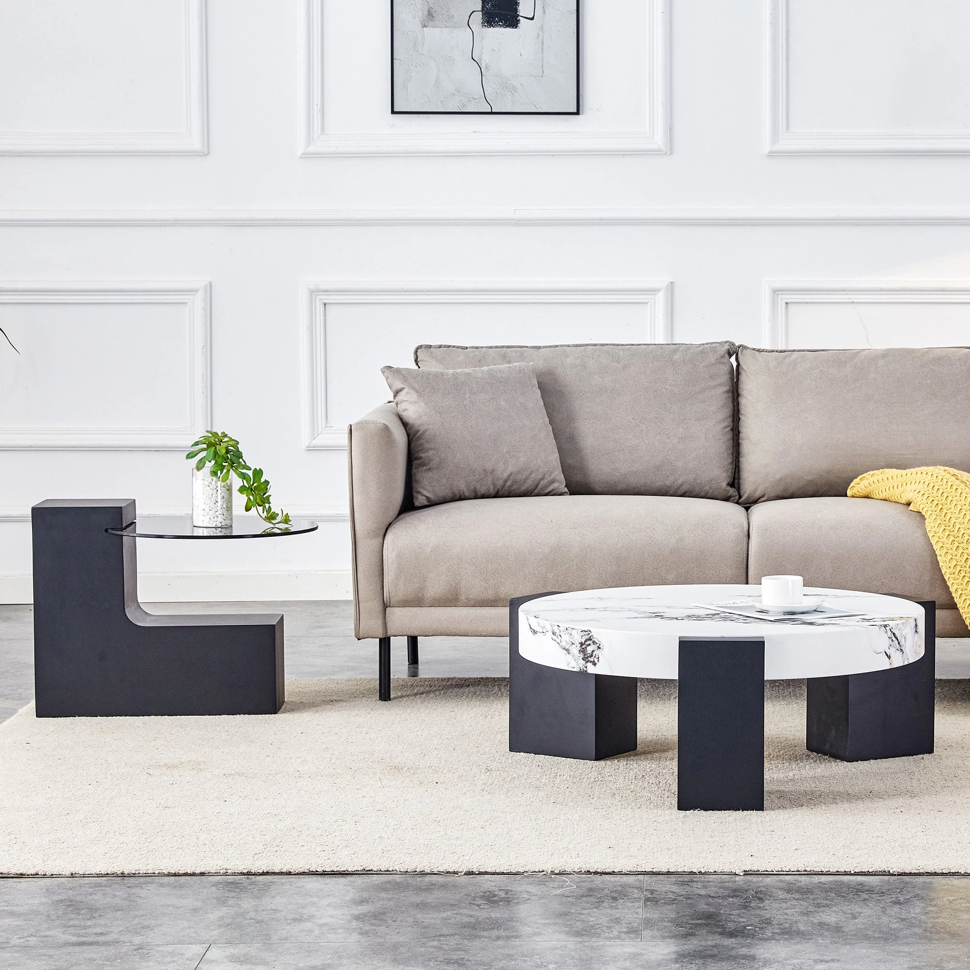 Round Side Table Two Levels Grey Glass Marble Effect Top - Black MDF