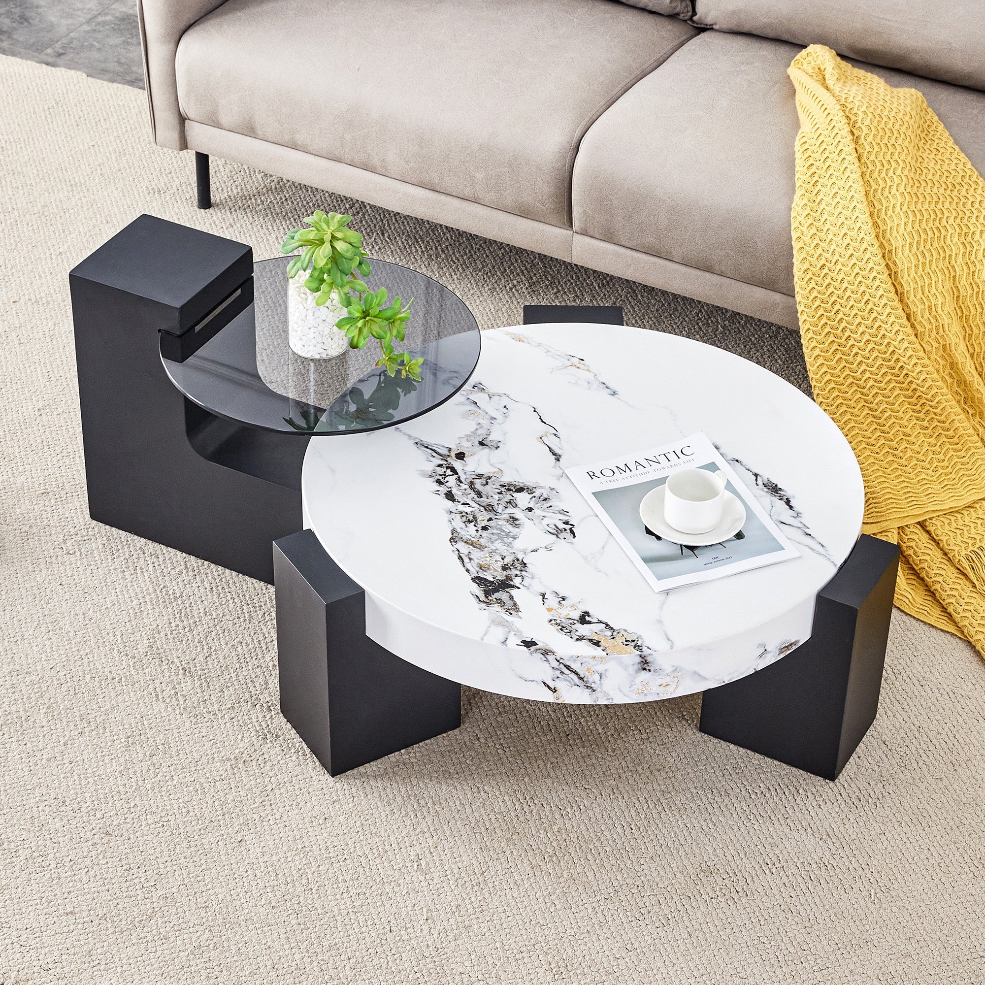 Round Side Table Two Levels Grey Glass Marble Effect Top - Black MDF - Image 7
