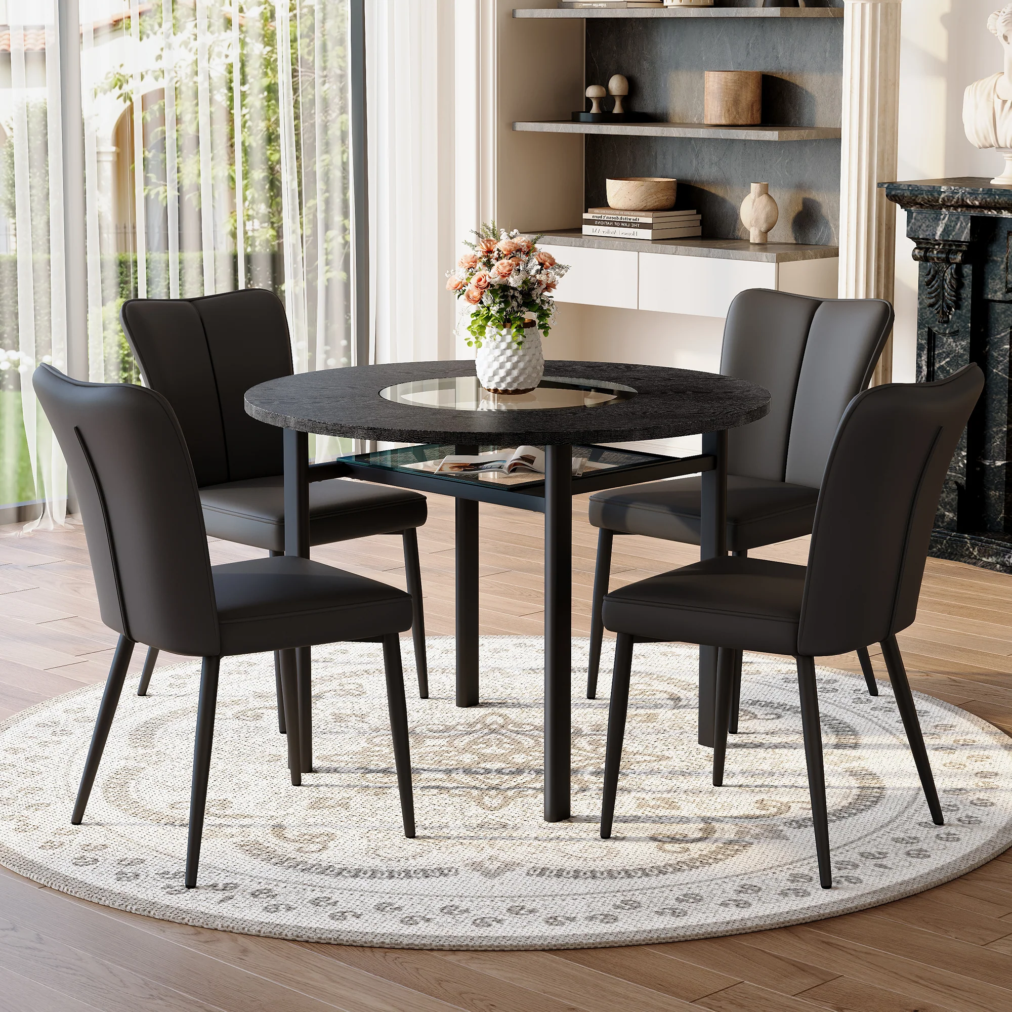 Round Table Set 100cm 4 Armchairs Minimalist - Black