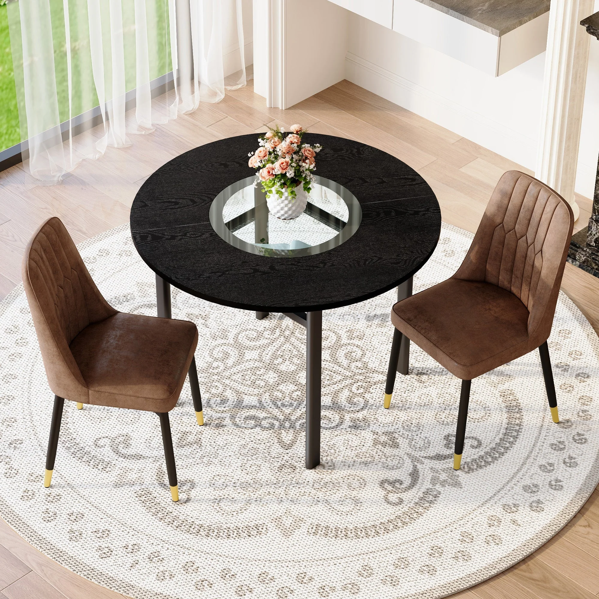 Round Table Set 100cm Minimalist 2 Armchairs Tech Fabric - Brown/Black - Image 2