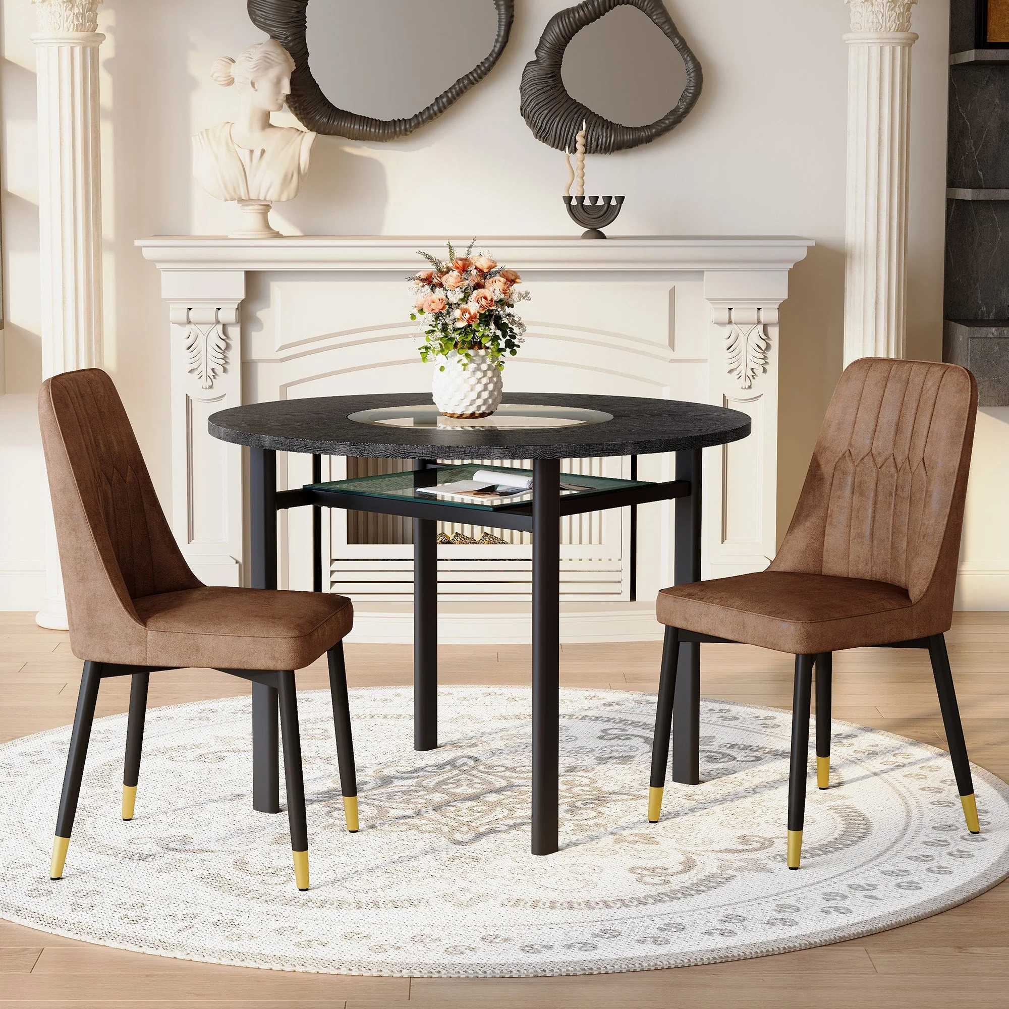 Round Table Set 100cm Minimalist 2 Armchairs Tech Fabric - Brown/Black - Image 3