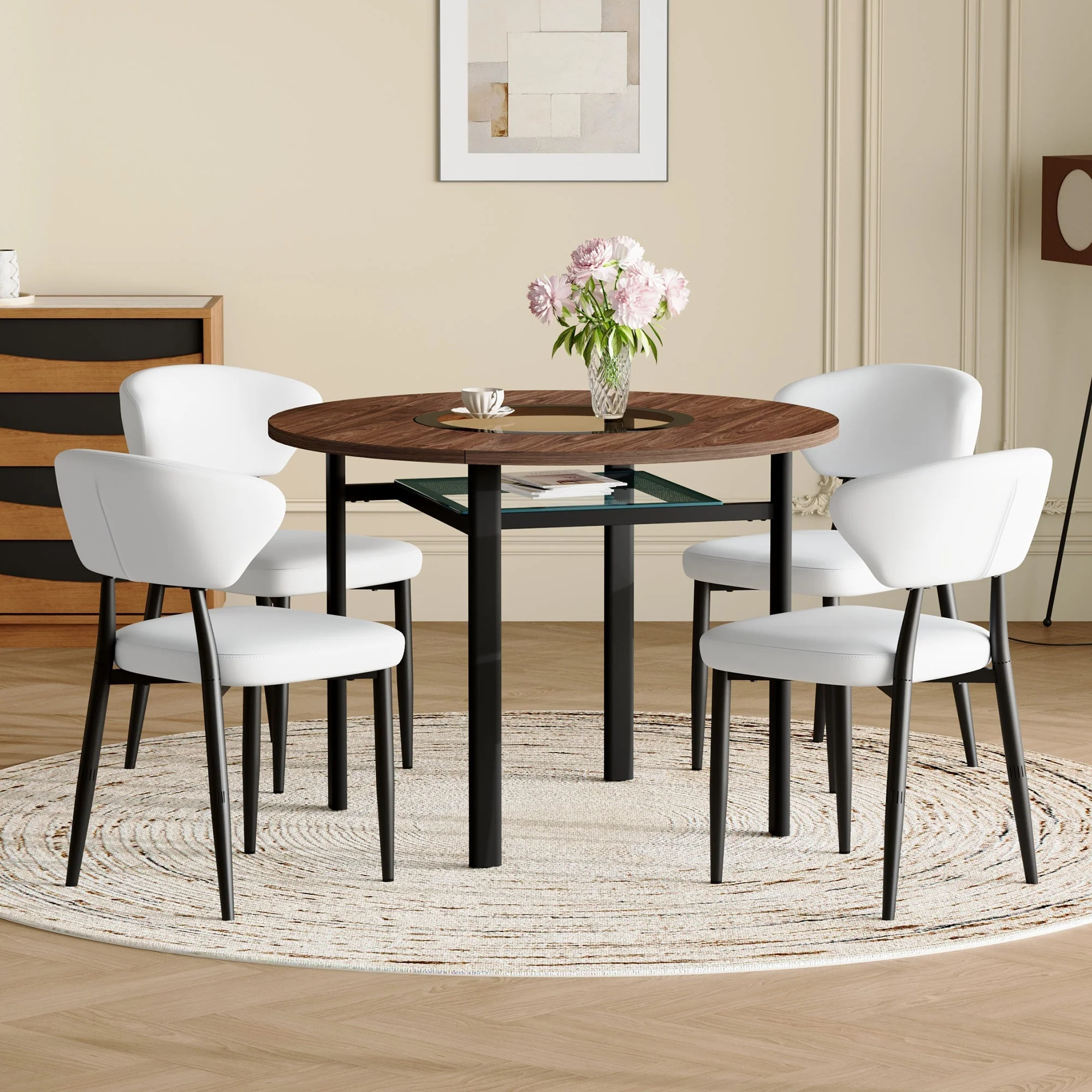 Round Table Set 4 Armchairs 100cm Wood Look - White PU - Image 2