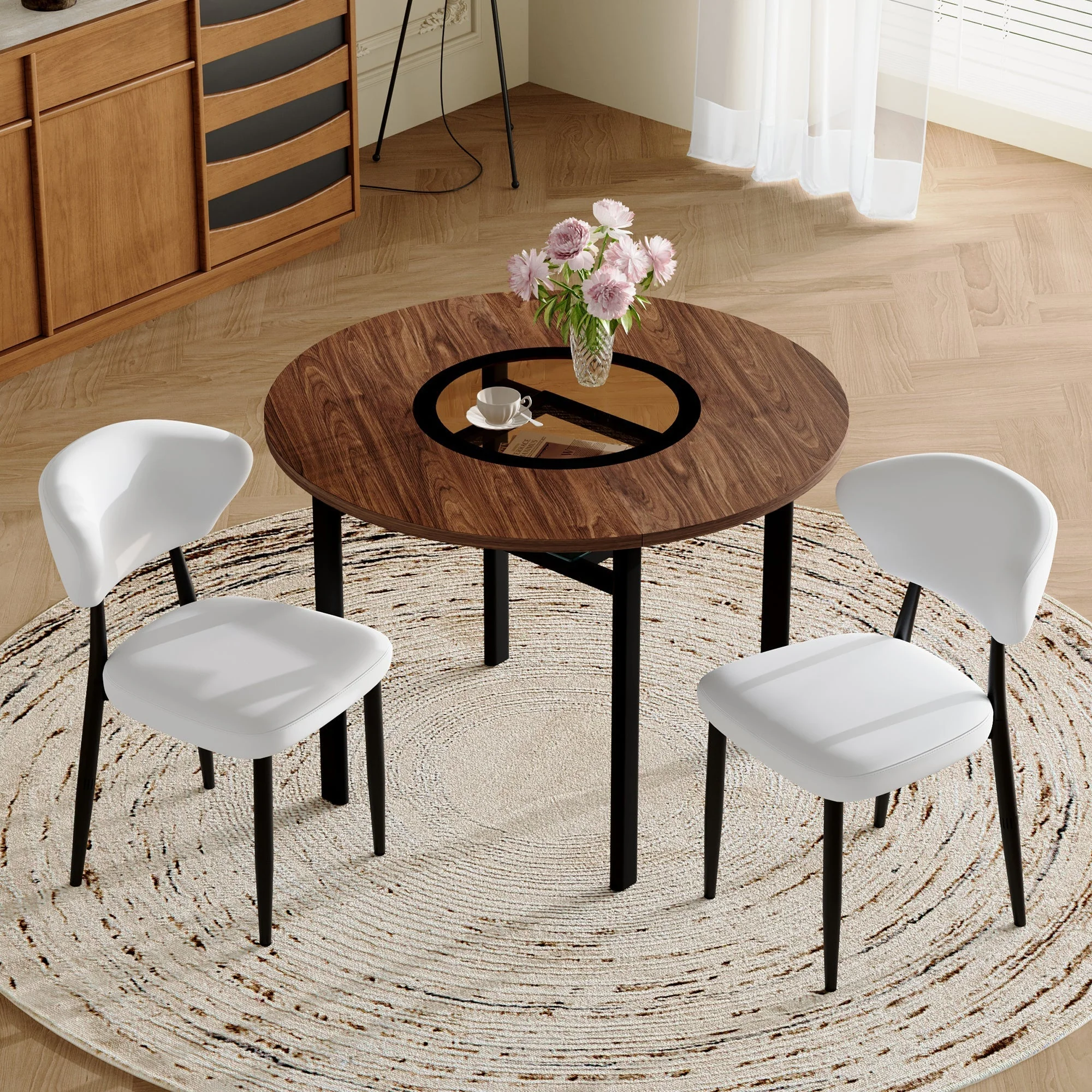 Round Table Set Modern Minimalist 100cm with 2 Armchairs - White PU/Wood Look - Image 3