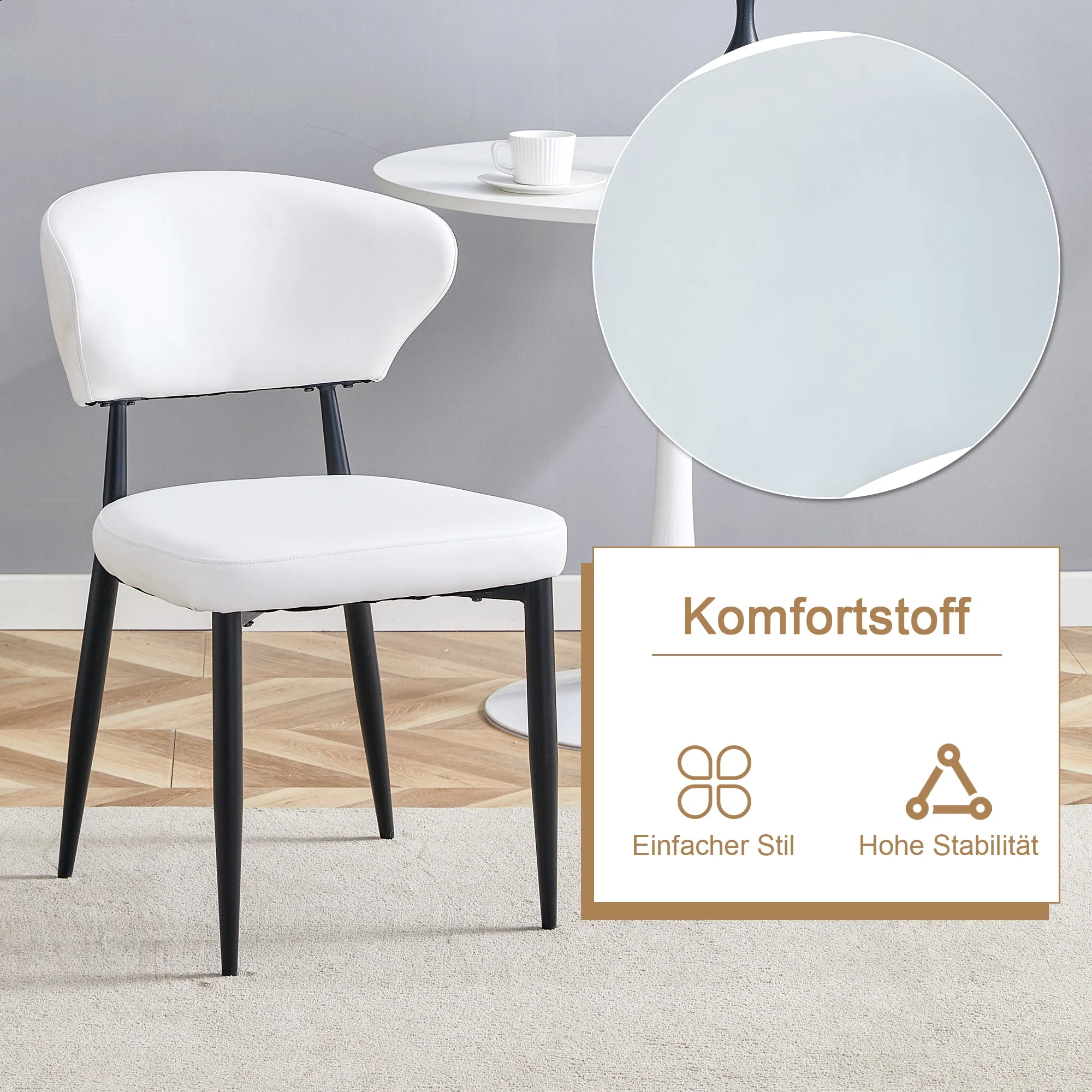 Round Table Set Modern Minimalist 100cm with 2 Armchairs - White PU/Wood Look - Image 5