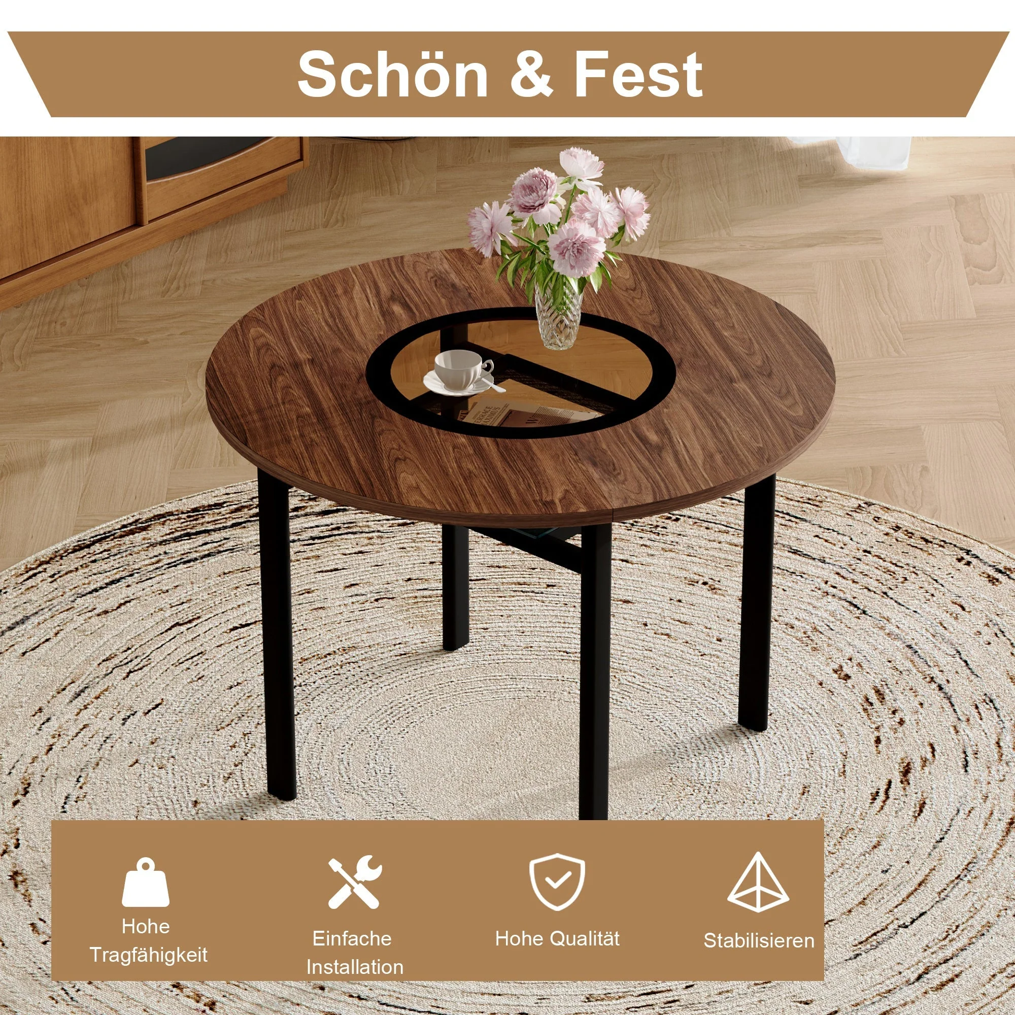 Round Table Set Modern Minimalist 100cm with 2 Armchairs - White PU/Wood Look - Image 8