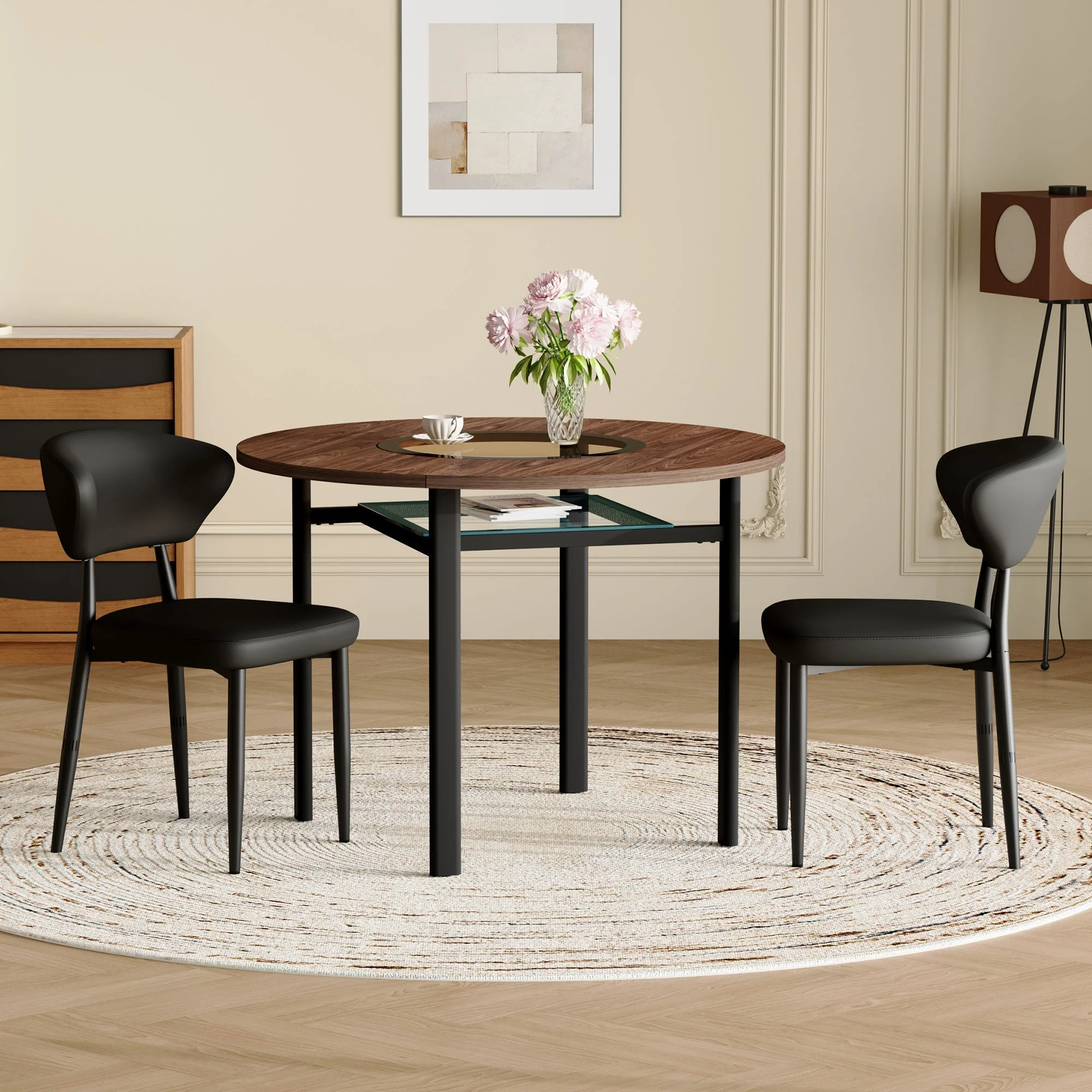 Round Table Set Modern Minimalist 100cm with 2 PU Armchairs - Wood Look/Black - Image 2