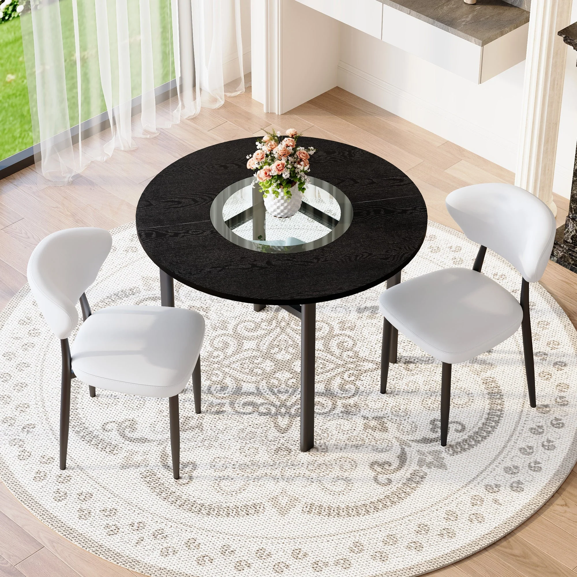 Round Table Set Modern Minimalist 100cm with 2 White PU Armchairs - Black Wood Look - Image 2