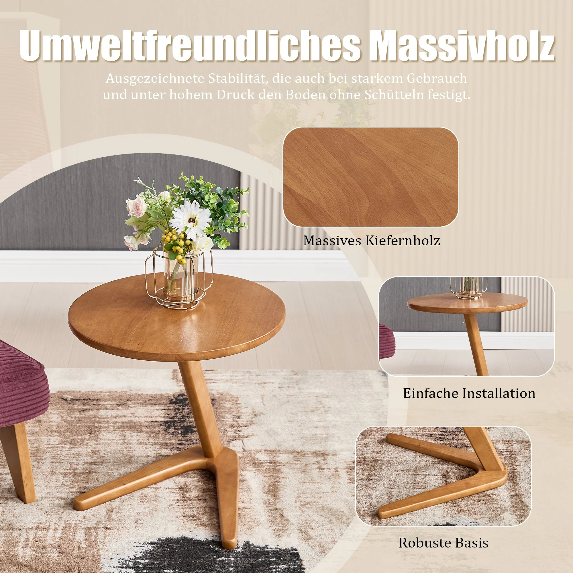 Round Wooden Table, Modern Minimalist Sofa Side TV Table for Small Spaces, Solid Wood - Image 2
