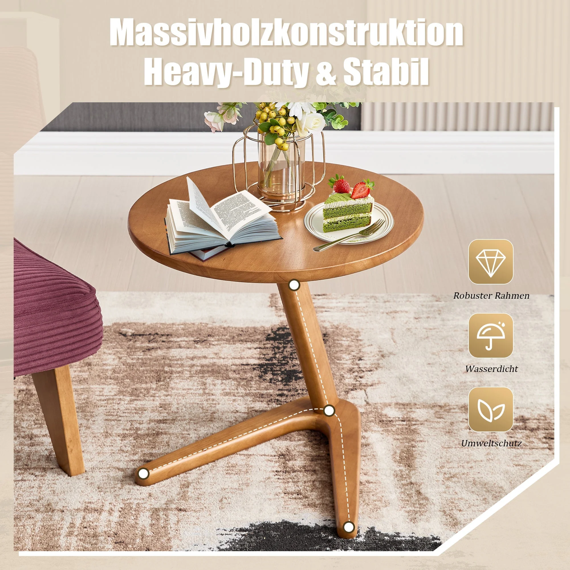 Round Wooden Table, Modern Minimalist Sofa Side TV Table for Small Spaces, Solid Wood - Image 3