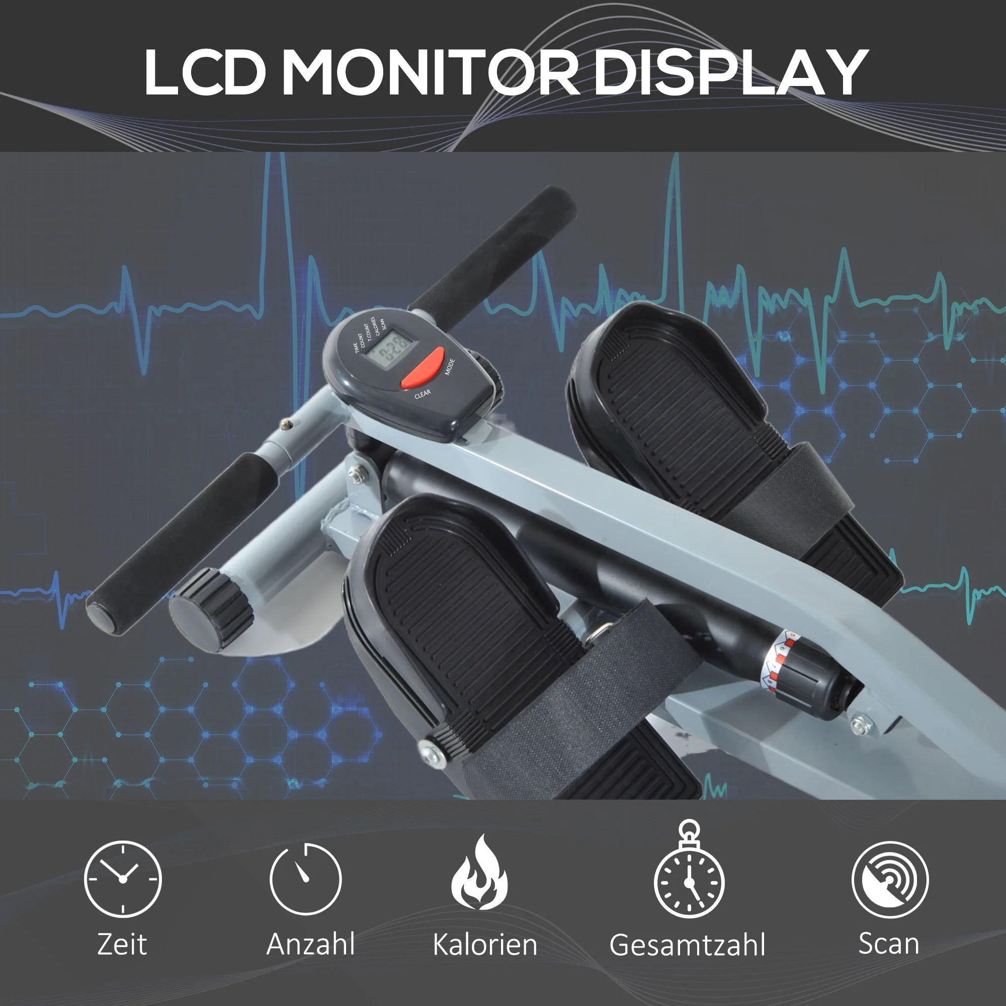 Rowing Machine, LCD Display, Steel+PVC, Gray - Image 4