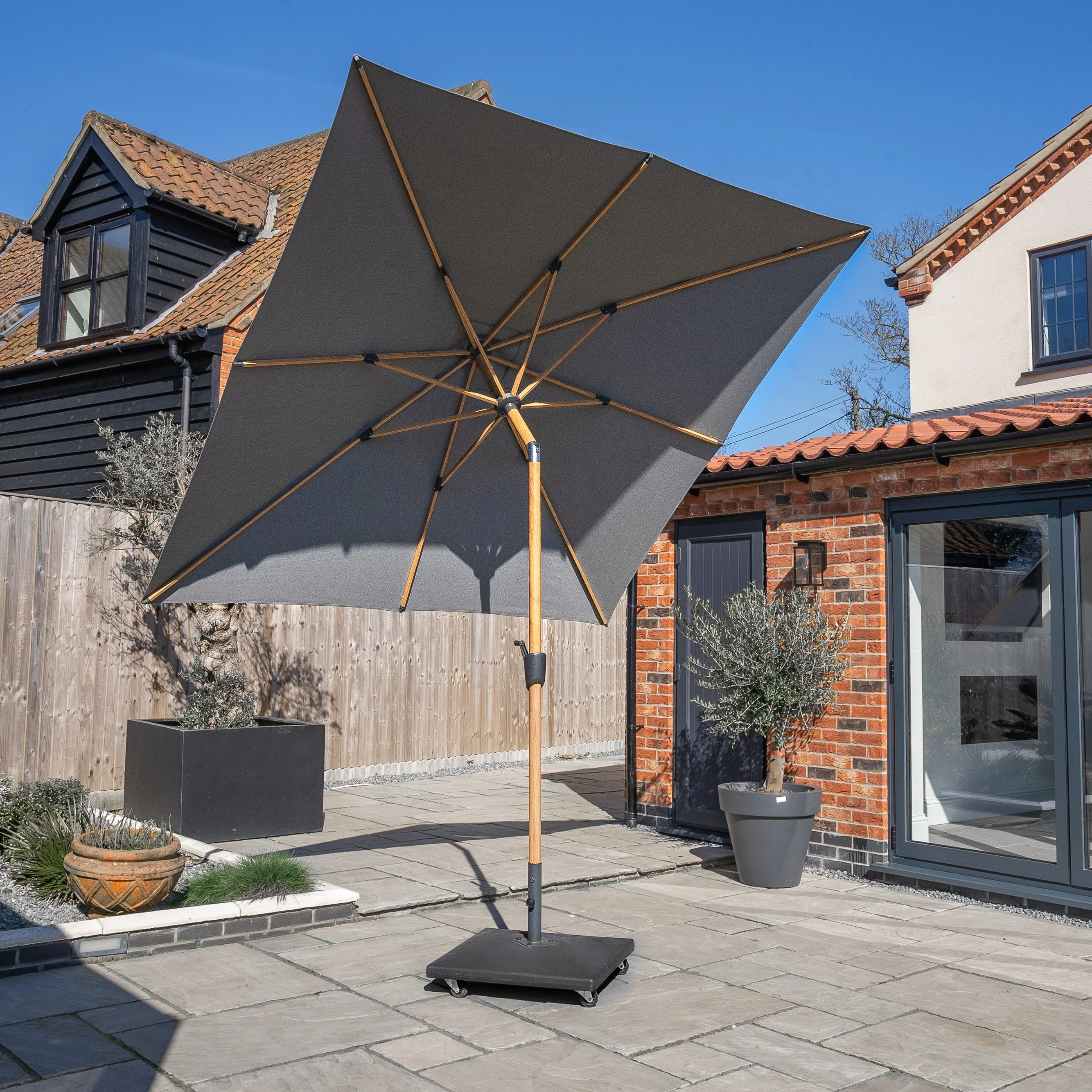 Royce - Premium 2.5m Square LED Parasol with Novasun™ Smoke Grey Canopy & Cover (Wood Look Frame) - Image 2