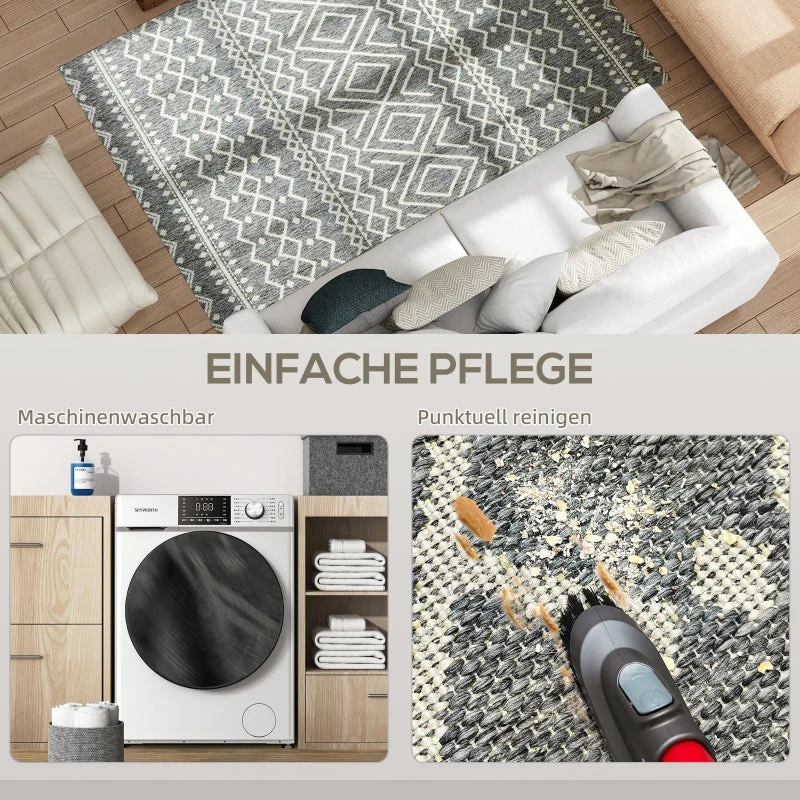 Rug Flat Weave Washable Anti-Slip Kitchen Boho Design Grey - Image 6