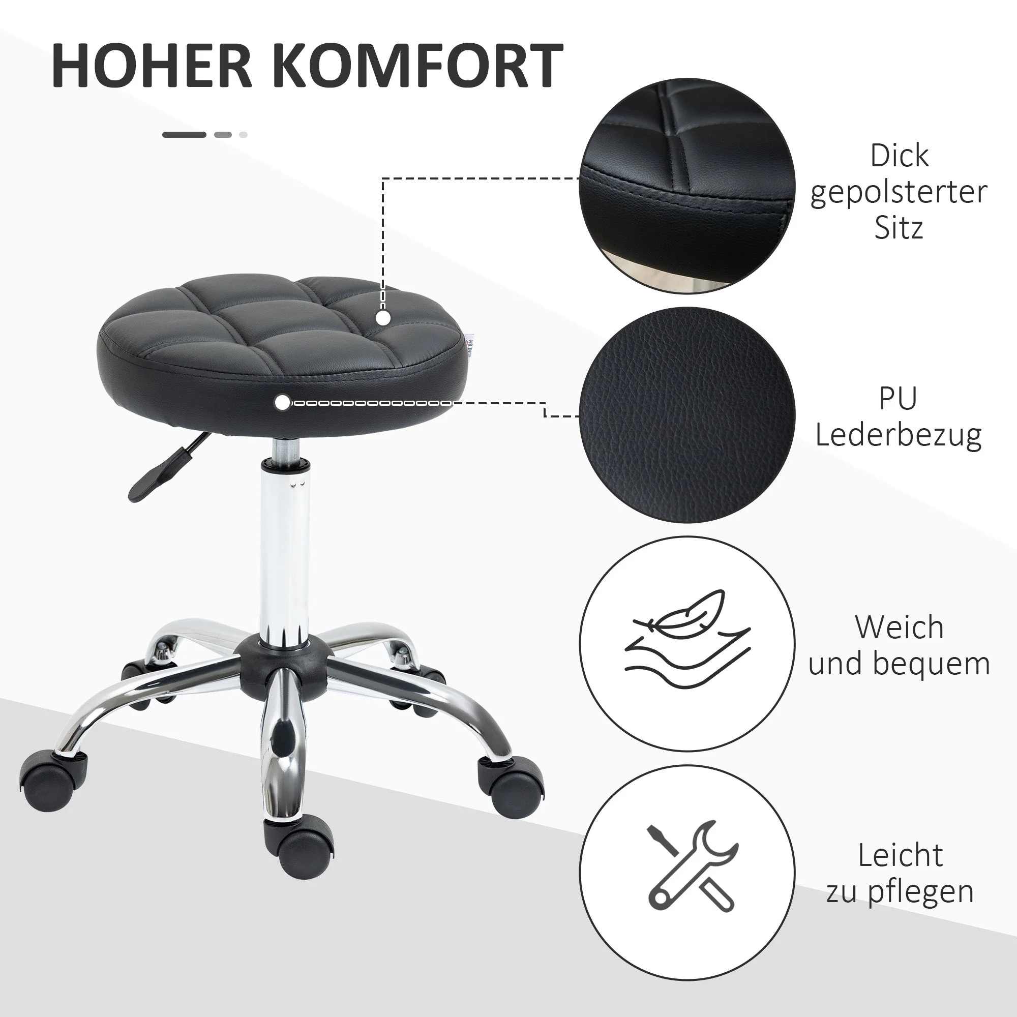 Salon Stools, Height Adjustable Swivel Rolling, Faux Leather Black - Image 5