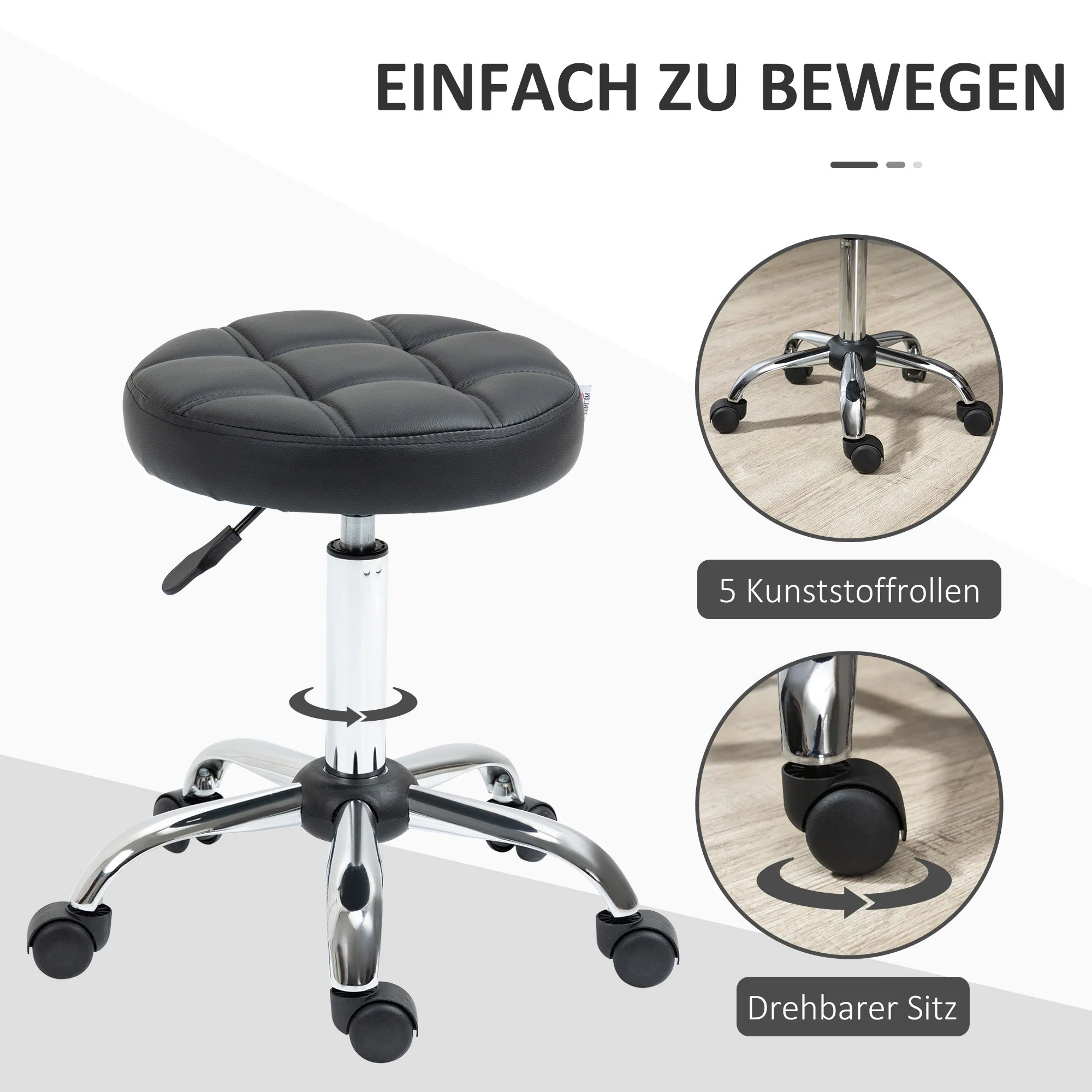 Salon Stools, Height Adjustable Swivel Rolling, Faux Leather Black - Image 6