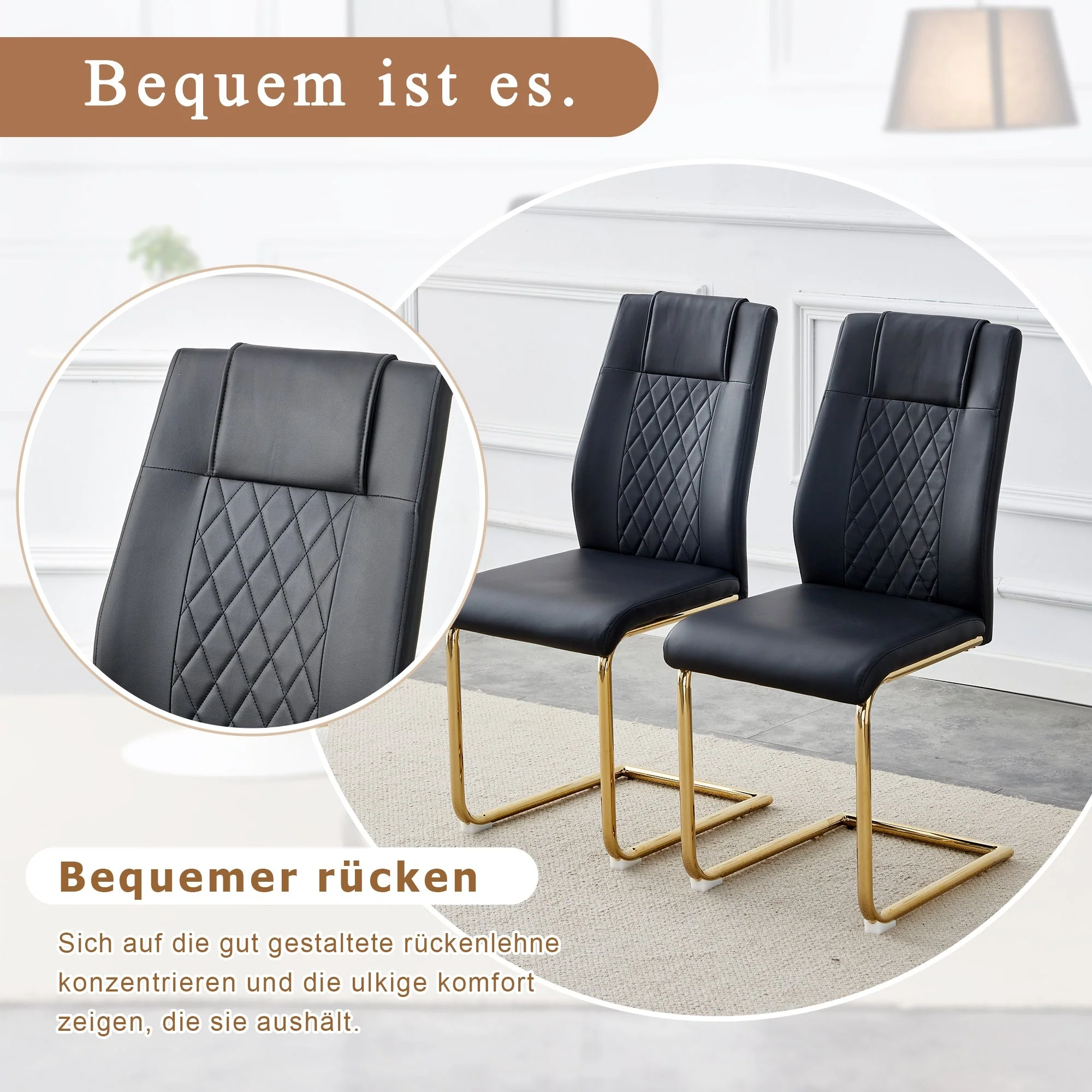 Scandinavian Dining Chairs Set of 4 Mesh Back Gold Metal Legs - Black PU Leather - Image 6