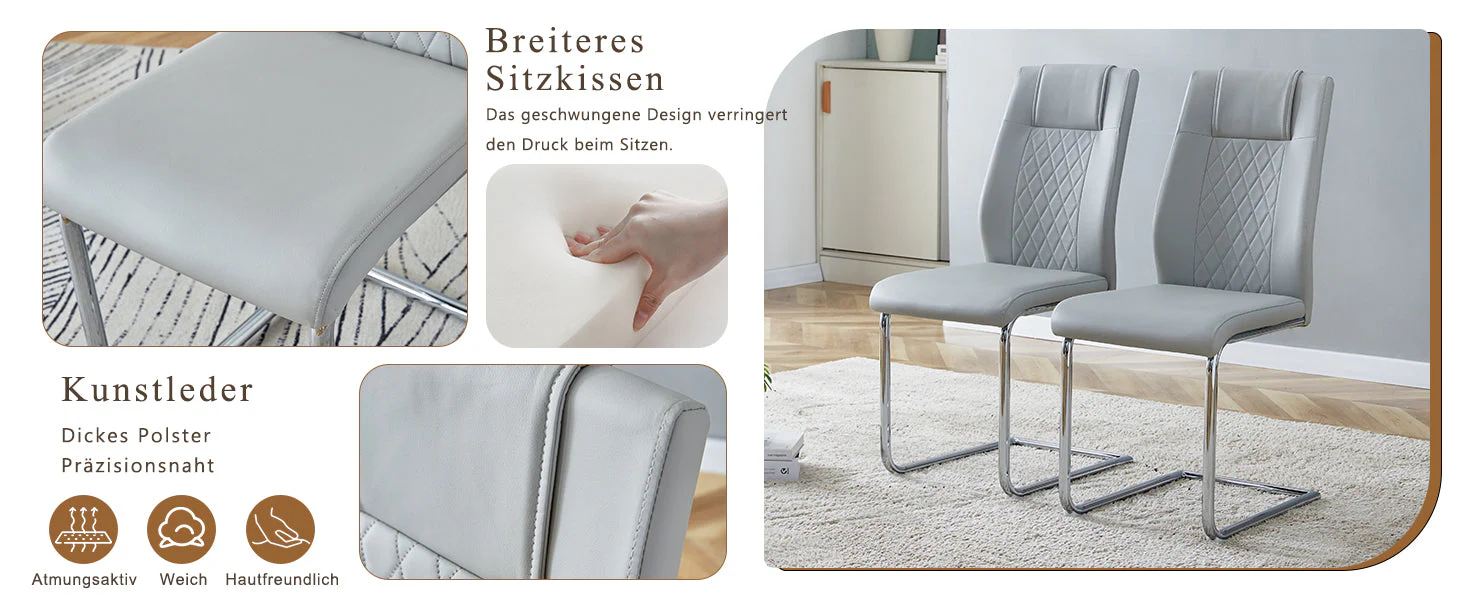 Scandinavian Dining Chairs Set of 4 Mesh Back Silver Metal Legs - Light Grey PU Leather - Image 10