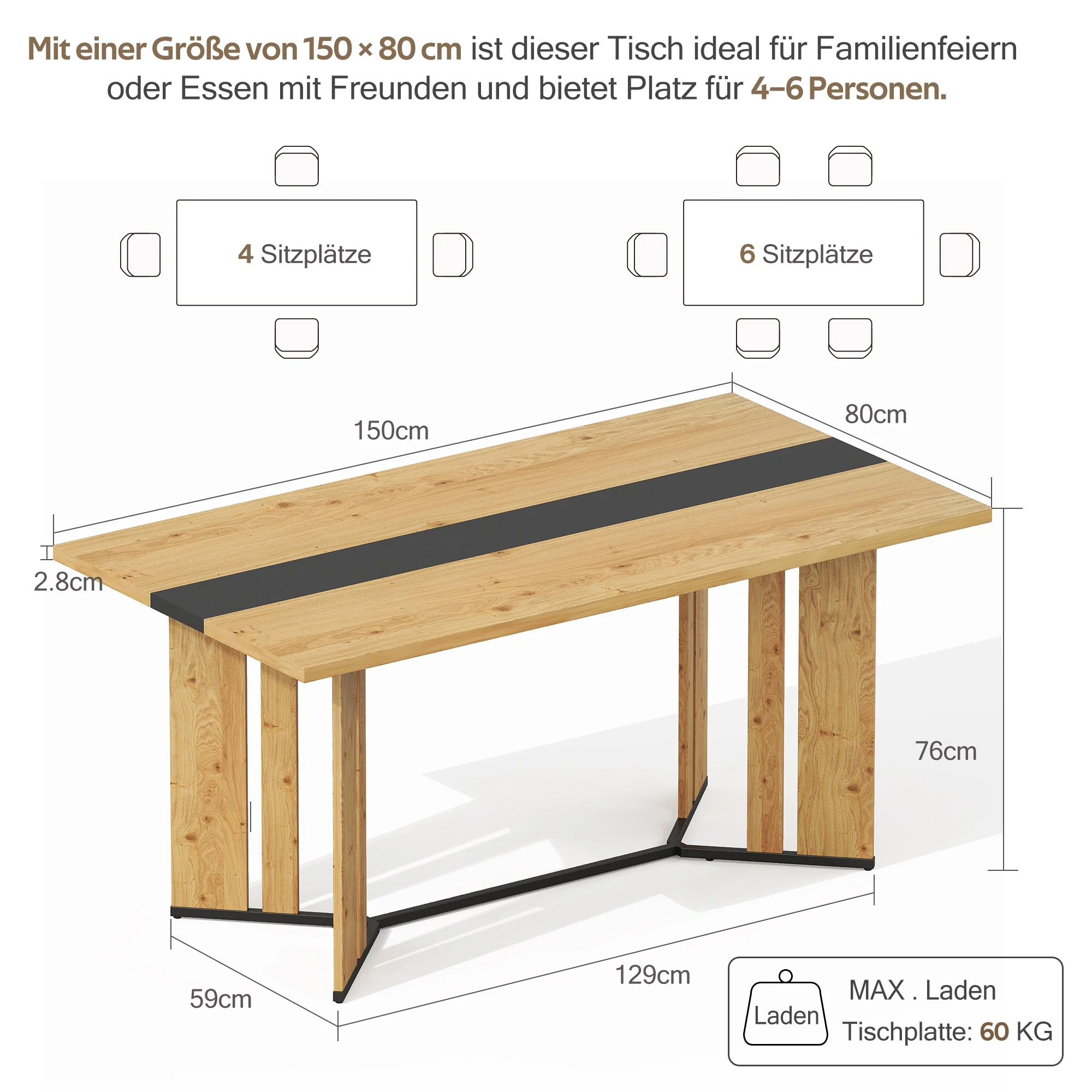Scandinavian Dining Table 150cm, 2.8cm Thick, Waterproof, Oak Wood - Image 4