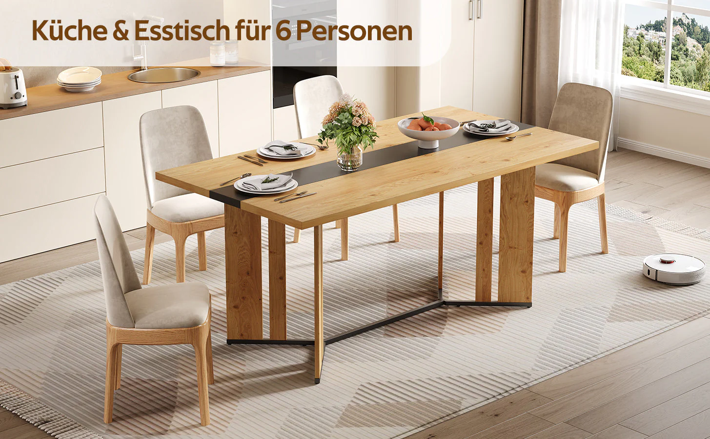 Scandinavian Dining Table 150cm, 2.8cm Thick, Waterproof, Oak Wood - Image 6