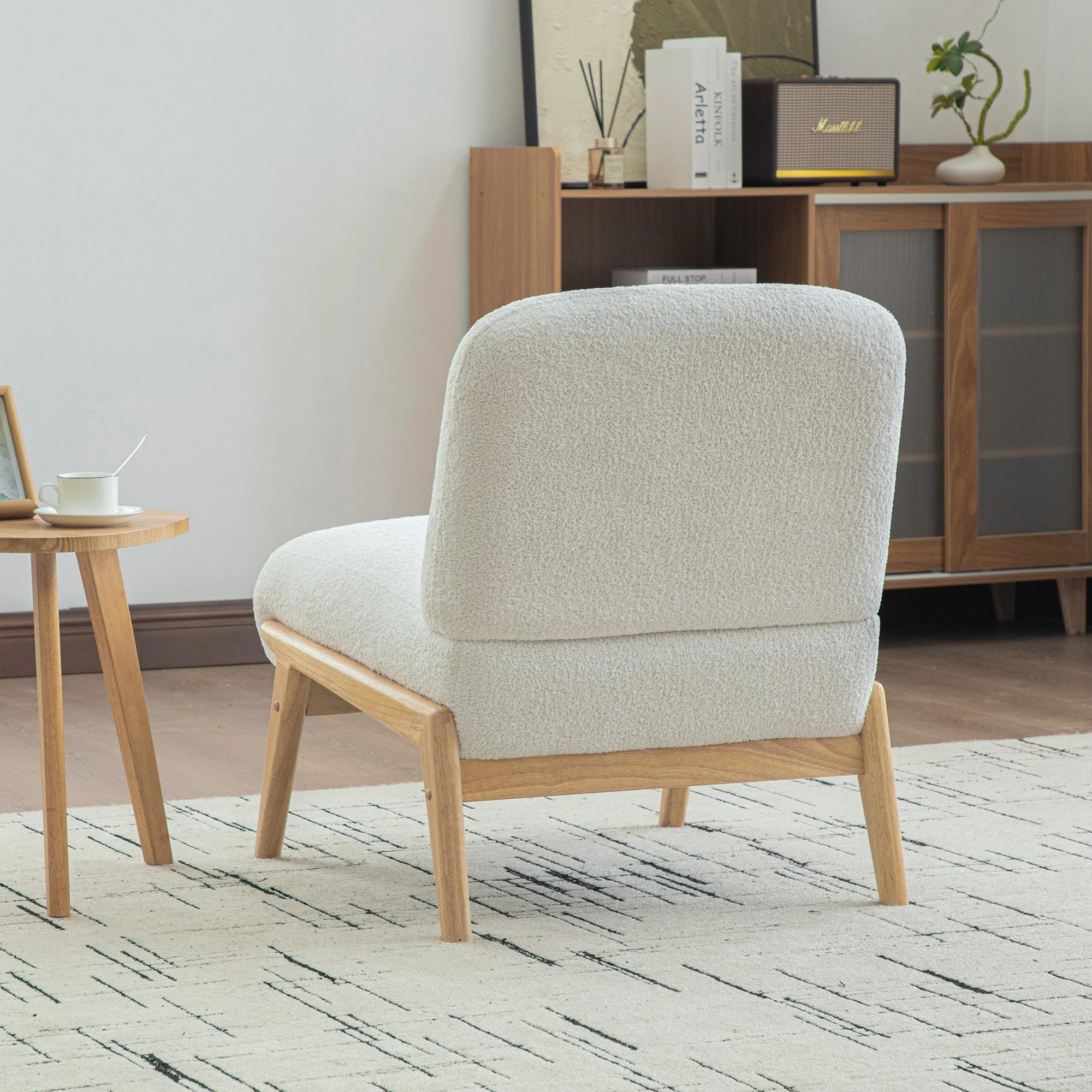Scandinavian Lounge Chair with Wooden Frame and Soft Chenille Fabric, Ivory - Image 2