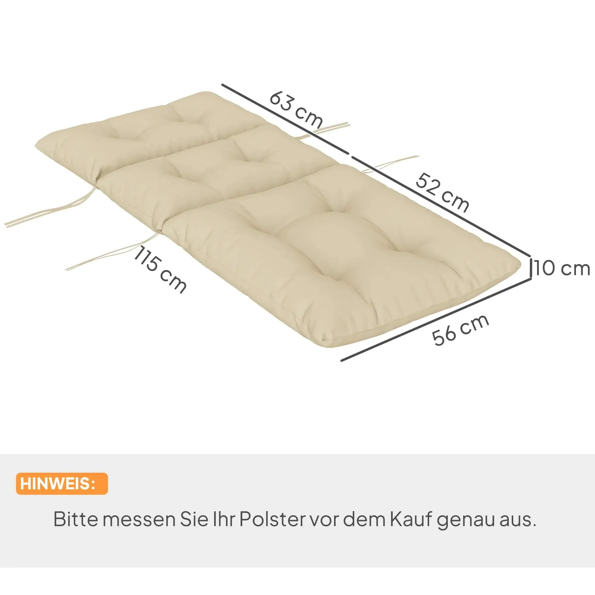 Seat Cushion 115x56cm Water-Repellent with Ties, Beige - Image 3