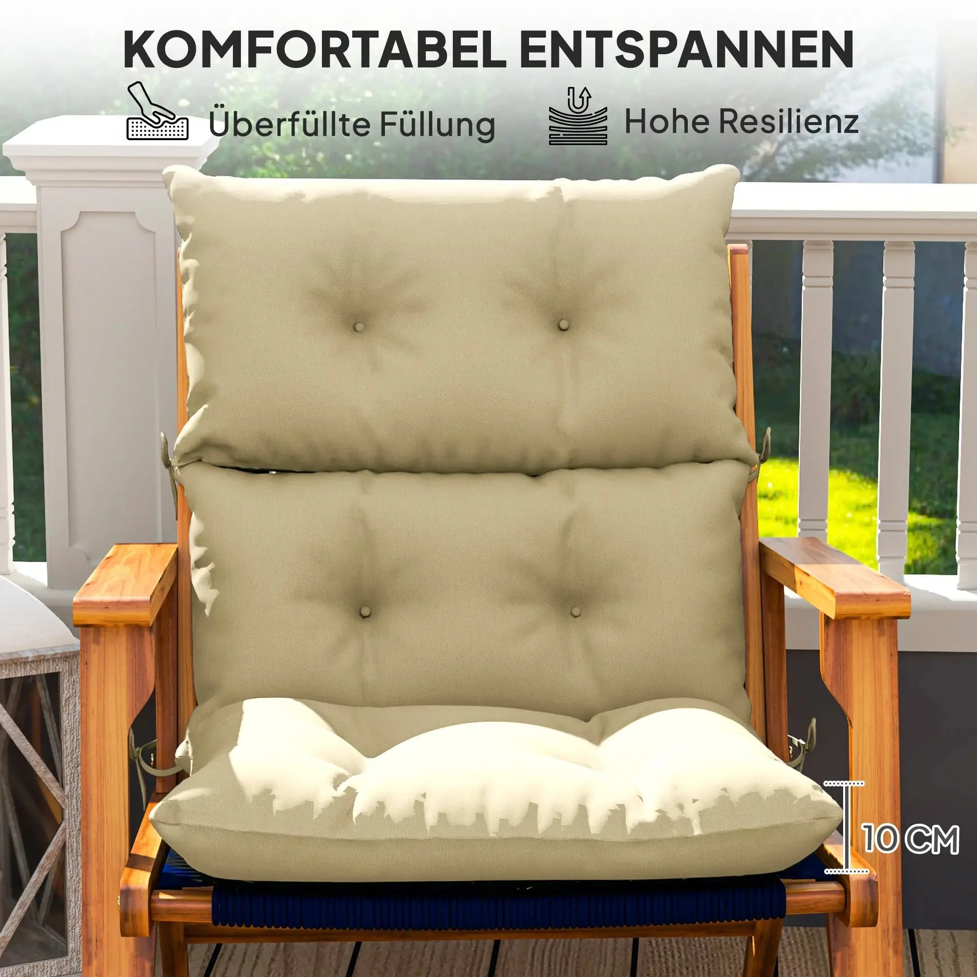 Seat Cushion 115x56cm Water-Repellent with Ties, Beige - Image 4