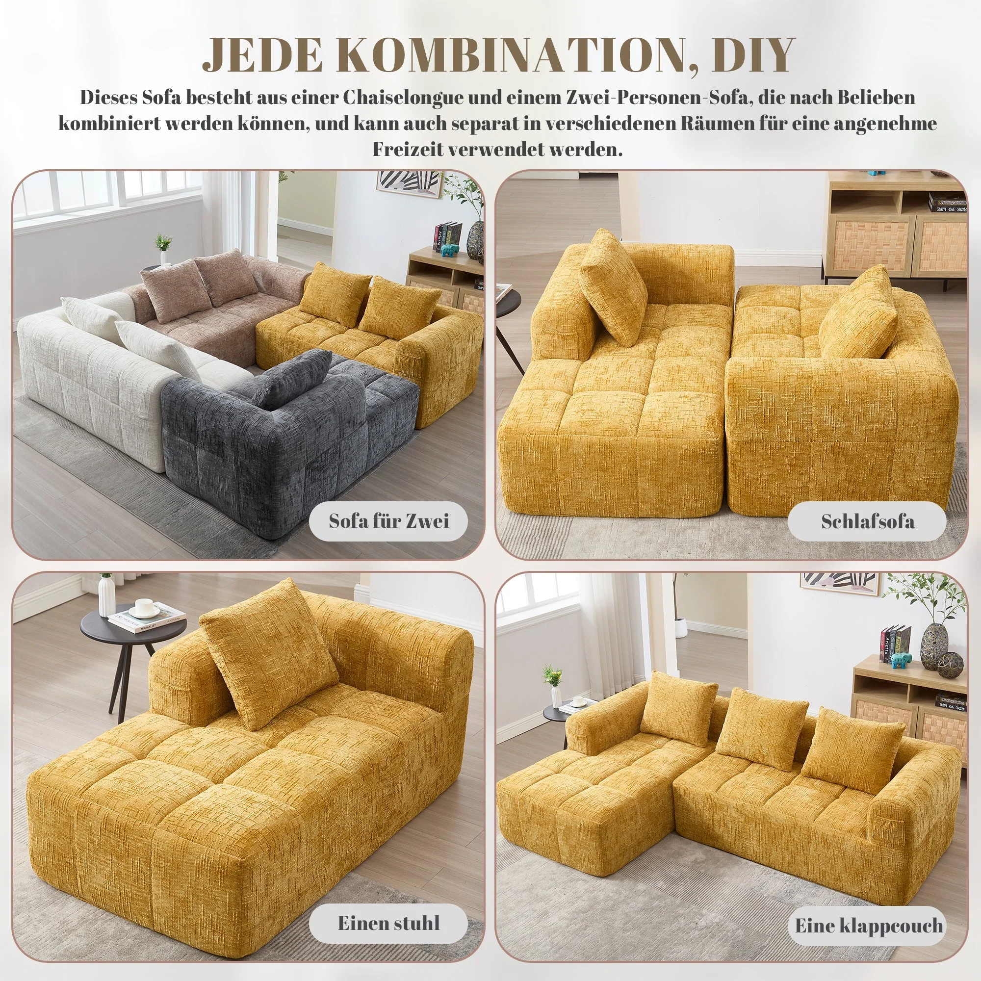 Sectional Sofa L-Shaped 3-Seater Chaise No Assembly Chenille Yellow - Image 4