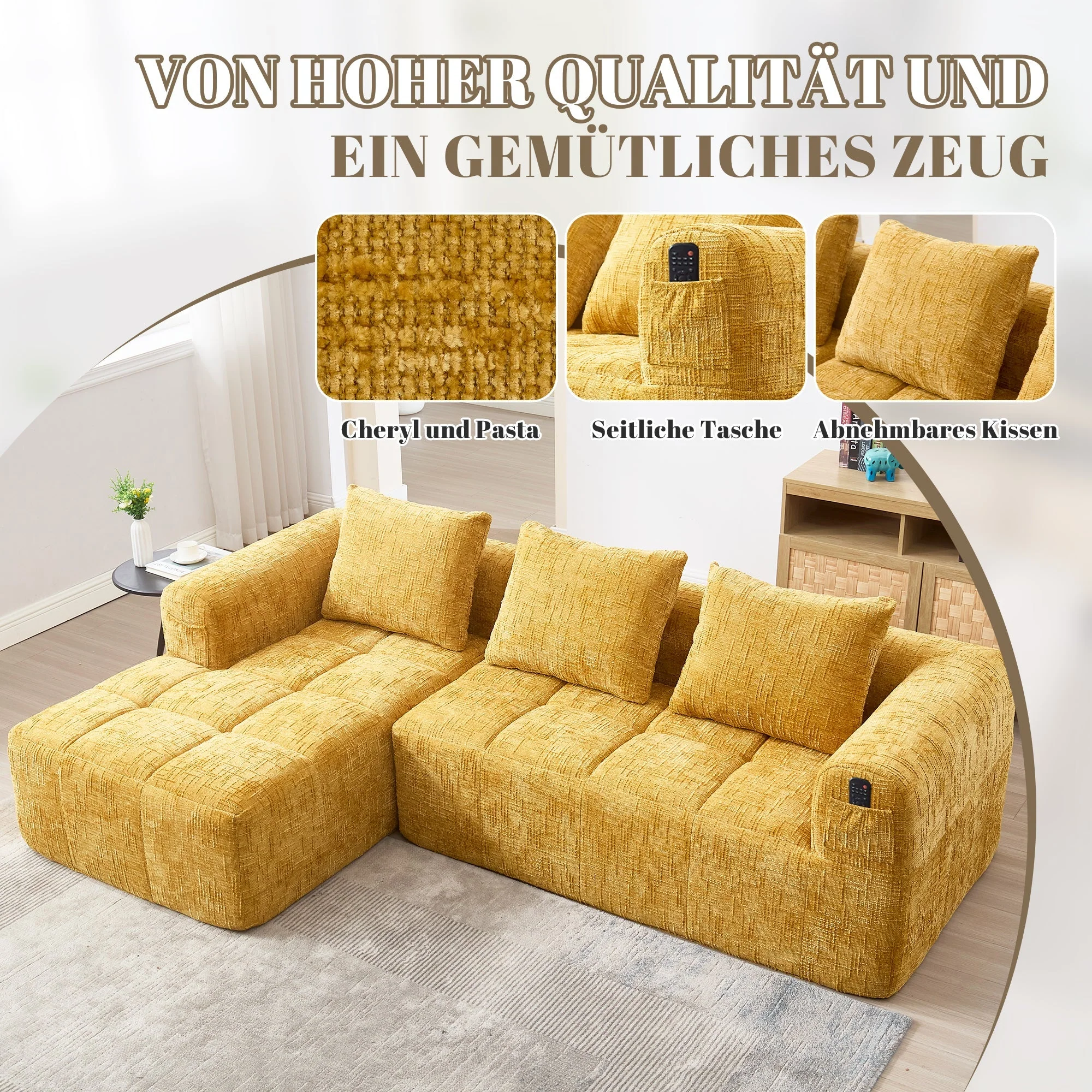 Sectional Sofa L-Shaped 3-Seater Chaise No Assembly Chenille Yellow - Image 6