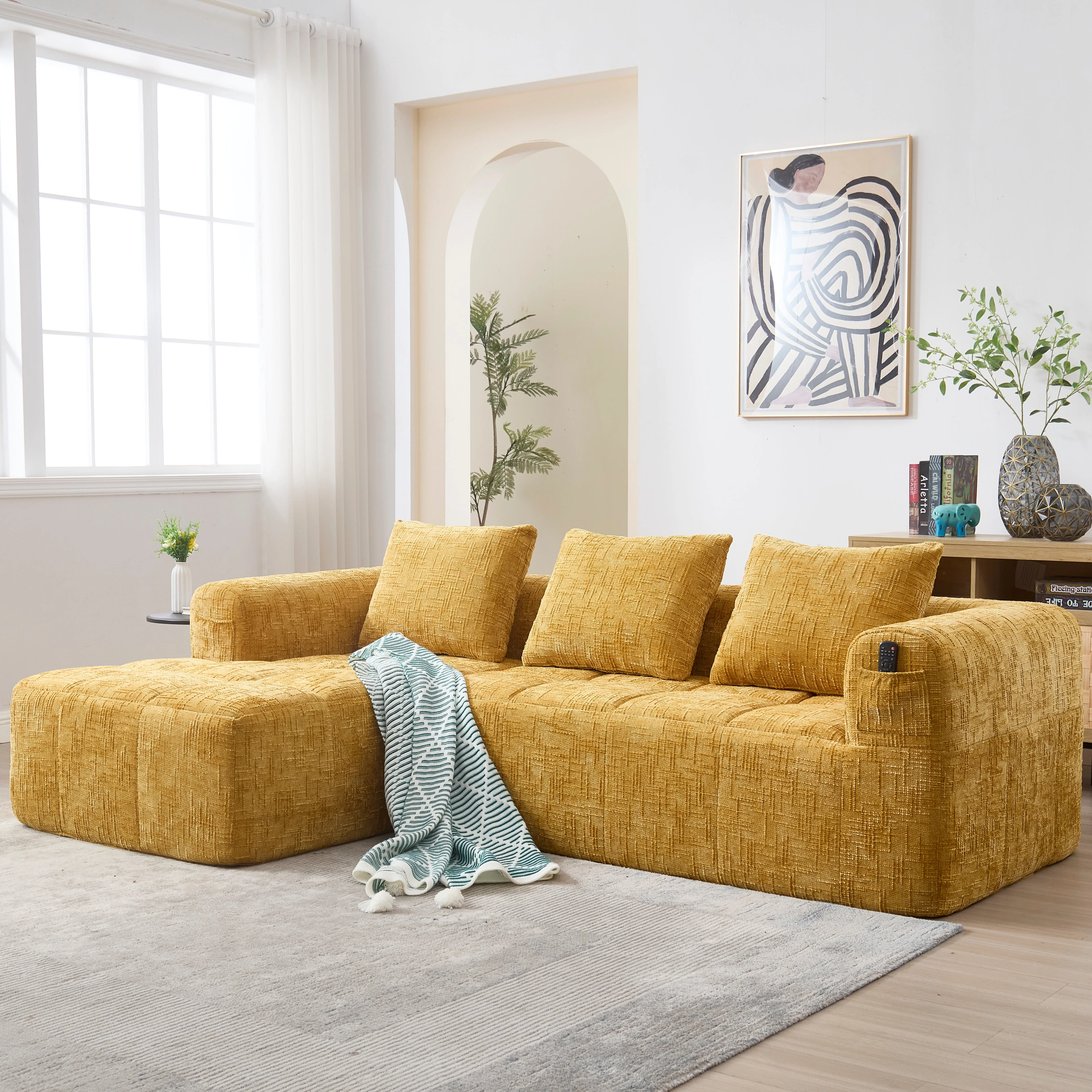 Sectional Sofa L-Shaped 3-Seater Chaise No Assembly Chenille Yellow - Image 7