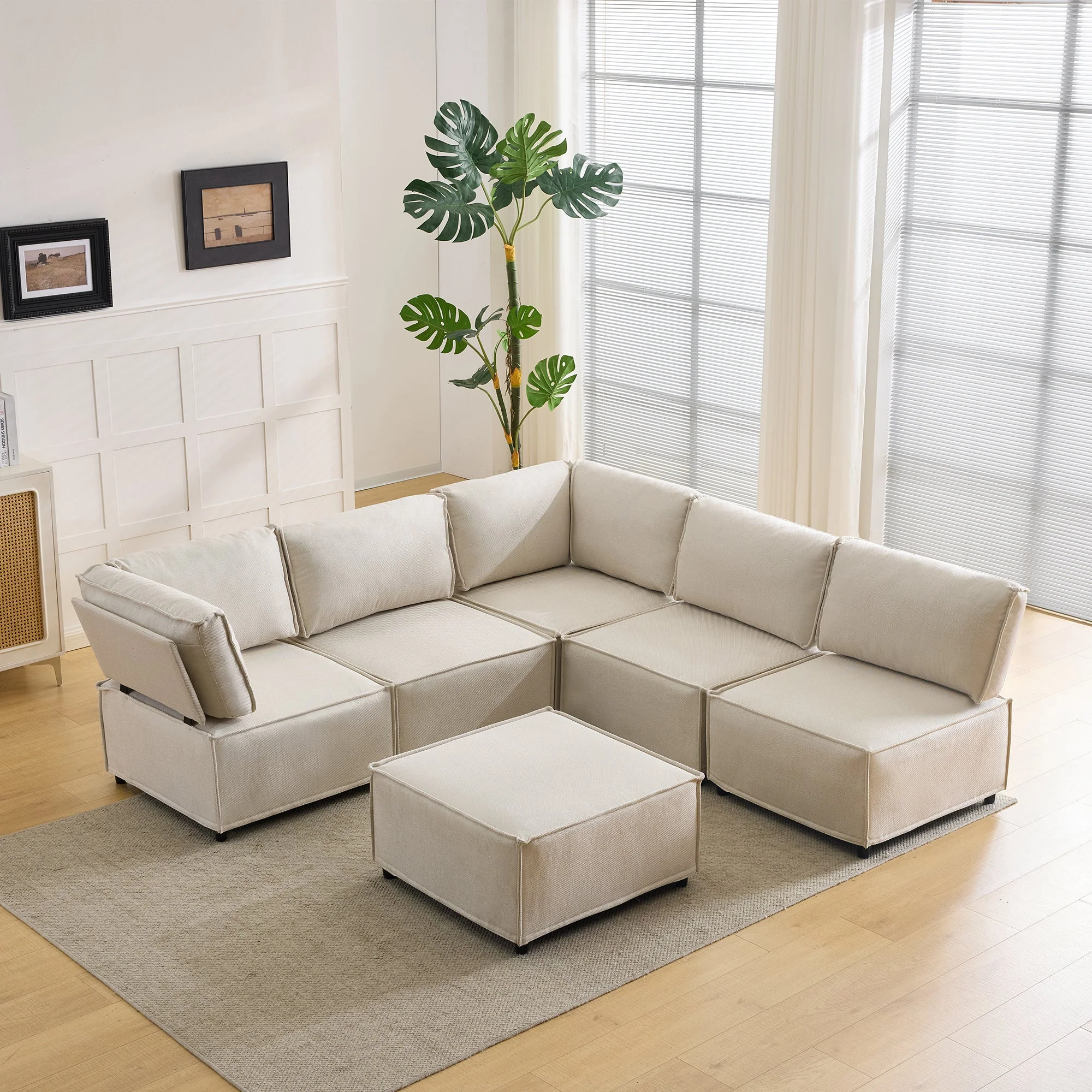 Semi-Compressed Modular Sofa Set, Versatile Flexible Wood Frame, Beige Linen Fabric