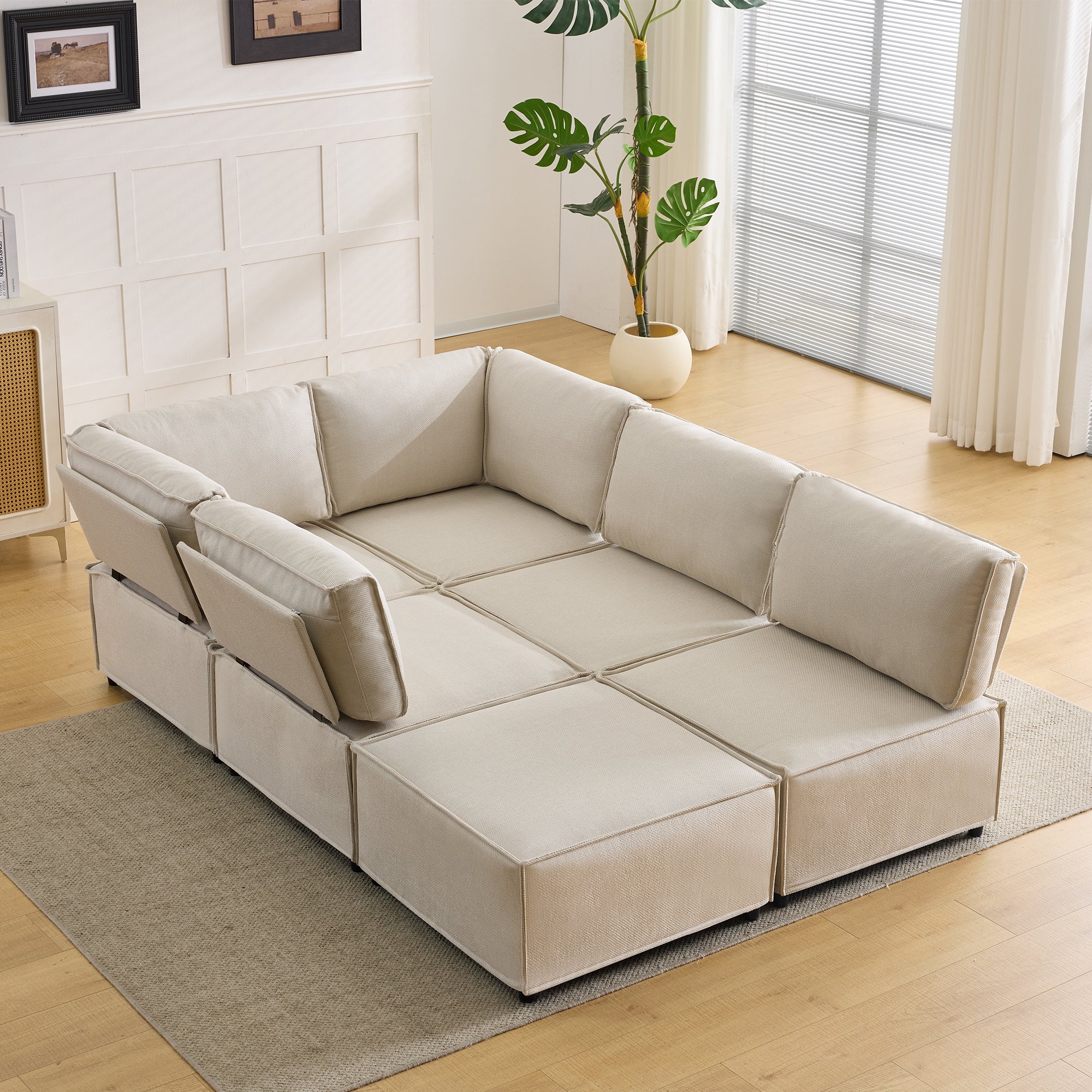 Semi-Compressed Modular Sofa Set, Versatile Flexible Wood Frame, Beige Linen Fabric - Image 2